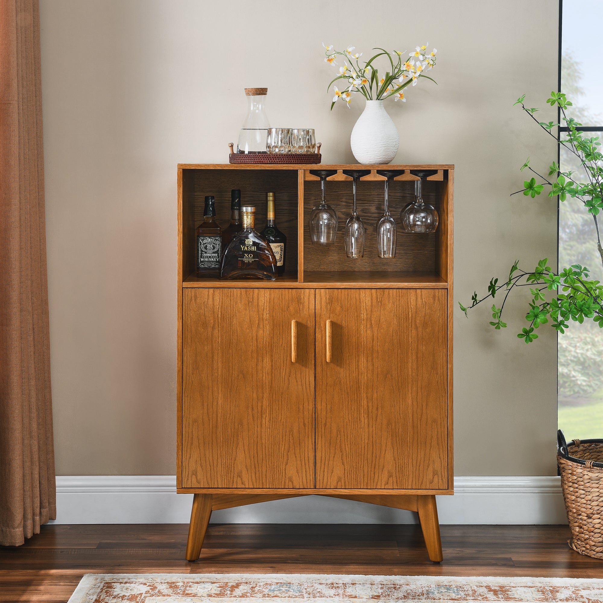 31.5" Liquor Cabinet With Wine Glass Holder & Wine Rack & Adjustable Shelf, Wine Cabinet, Kitchen Coffee Bar Cabinet, Rustic Sideboard Buffet Cabinet With Storage For Home Farmhouse Dining Room Wood Mdf