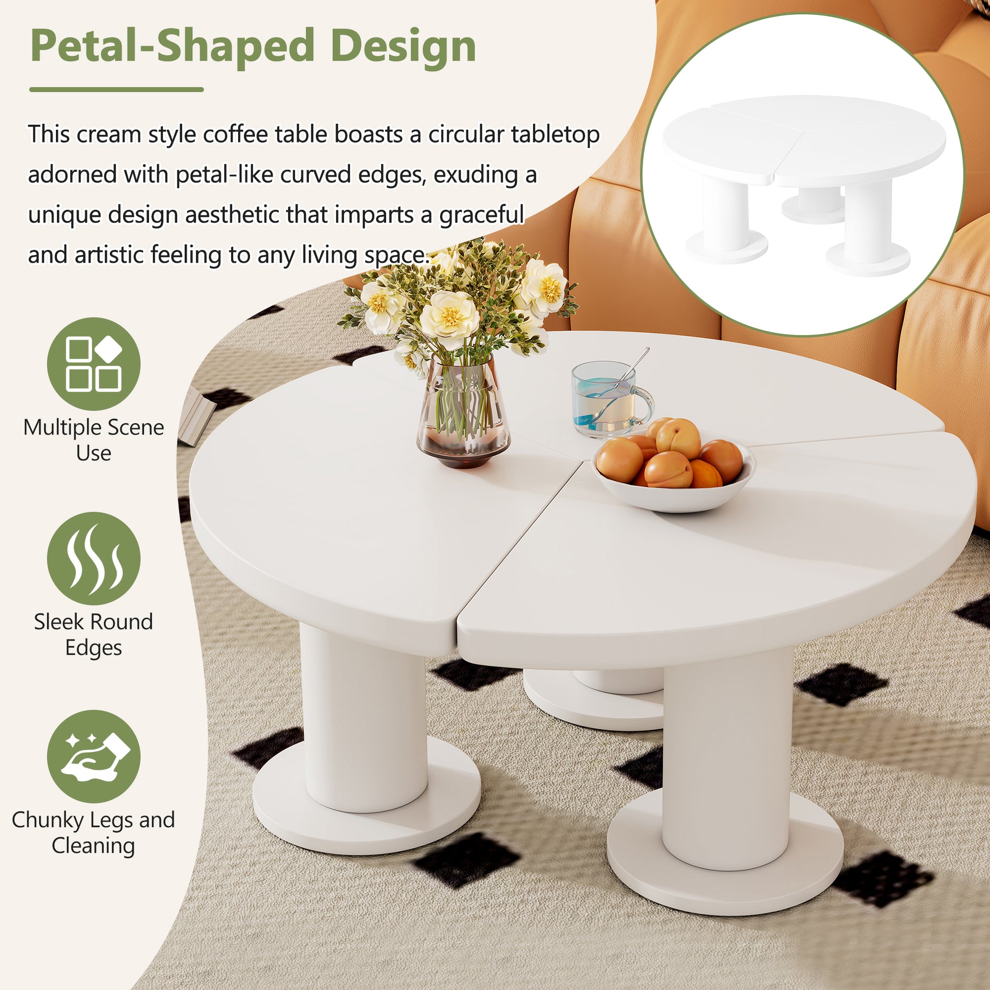 39.4'' Easy Assembly Round Petal Shaped Coffee Table, Cream Style Center Table With 3 Thick Legs, Minimalist Irregular End Table With Sleek Round Edges For Living Room, White White Mdf