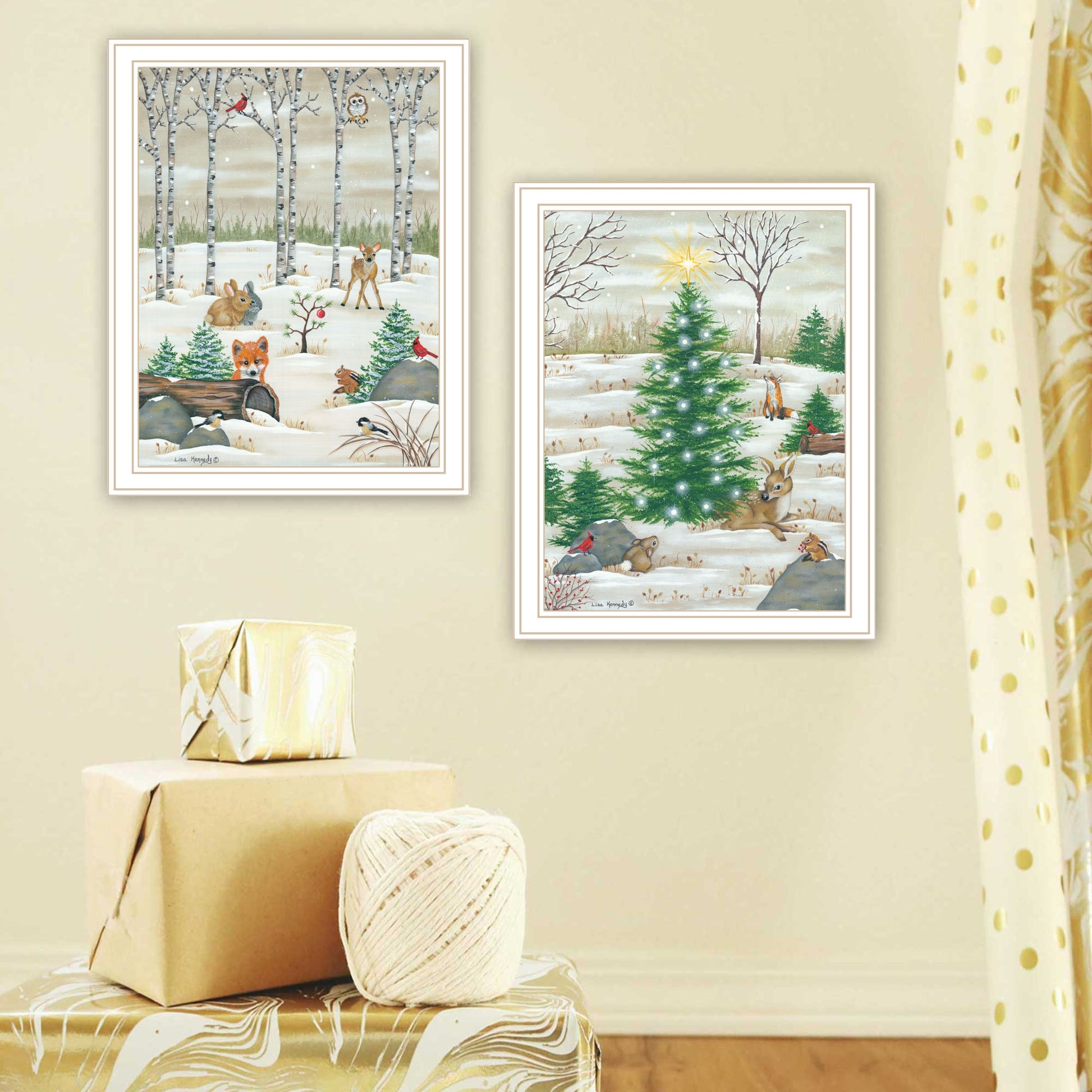 2 Piece Vignette Woodland "Critters For Christmas" White Framed Wall Art For Living Room, Bedroom Wall Art Print For Home Decor By Lisa Kennedy Multi Wood Paper