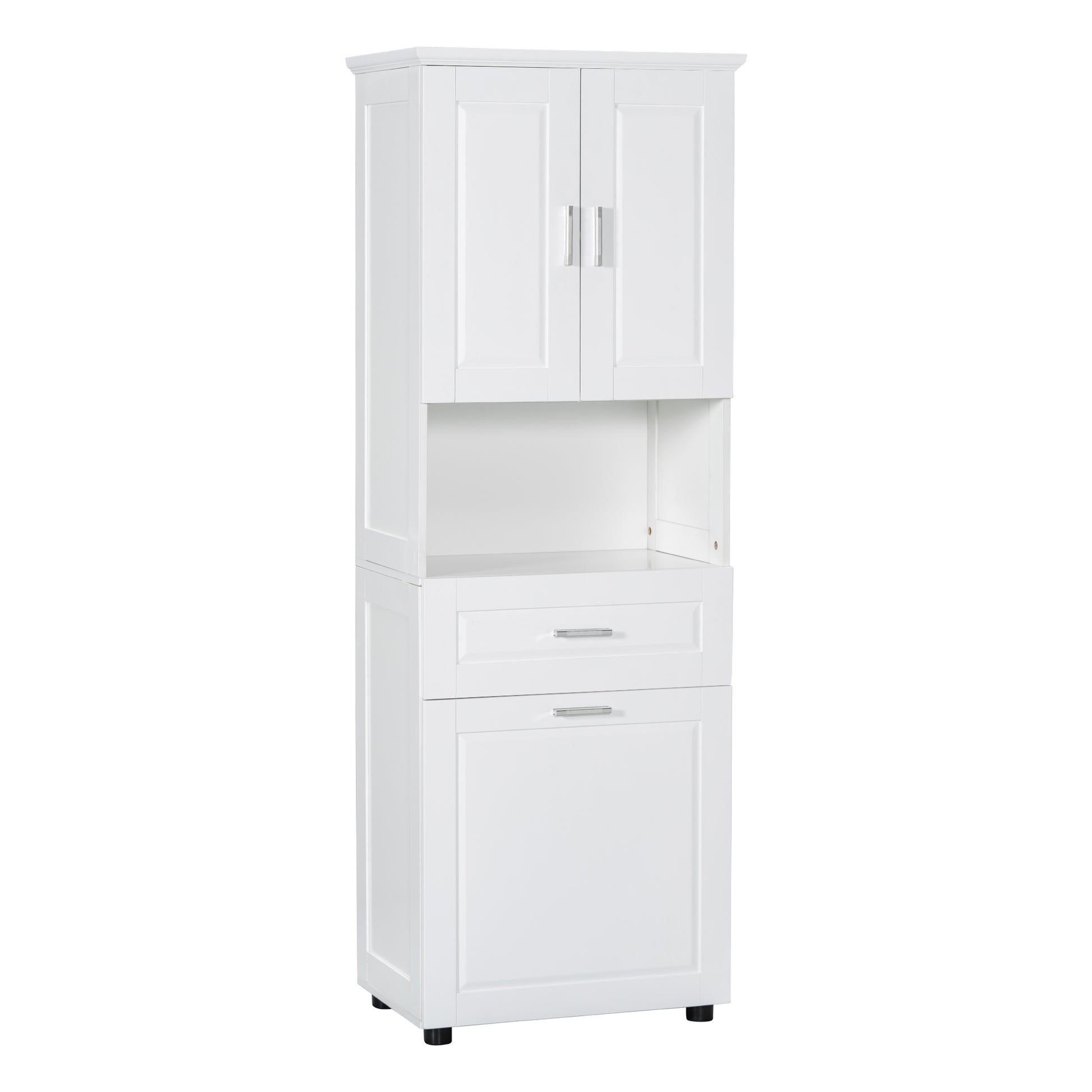 Tall Bathroom Cabinet With Laundry Basket, Large Storage Space Tilt Out Laundry Hamper And Upper Storage Cabinet, White White Mdf