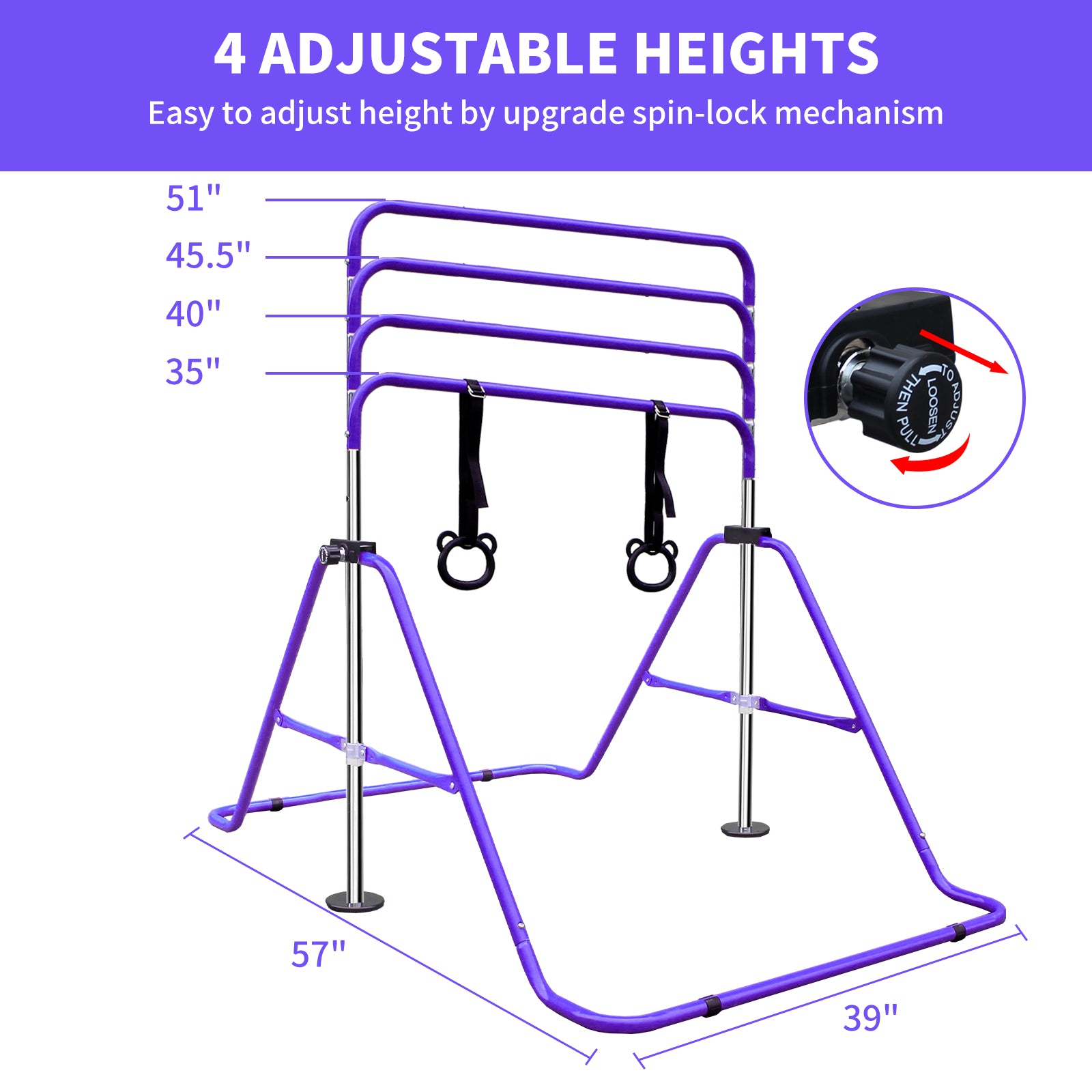 Multi Functional Adjustable Height Children'S Horizontal Gymnastic Bar With Bear Rings Purple Steel