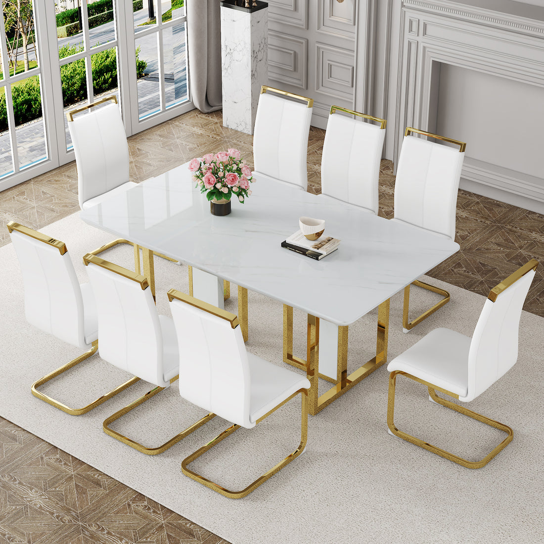 Table And Chair Set.67"X36" White Marble Pattern Mdf Dining Table Set With 8 White Pu Chairs.Mdf Sticker,White Marble Pattern Sticker,Gold C Tube Chair Legs,Suitable For Kitchen,Dining Room,Etc.