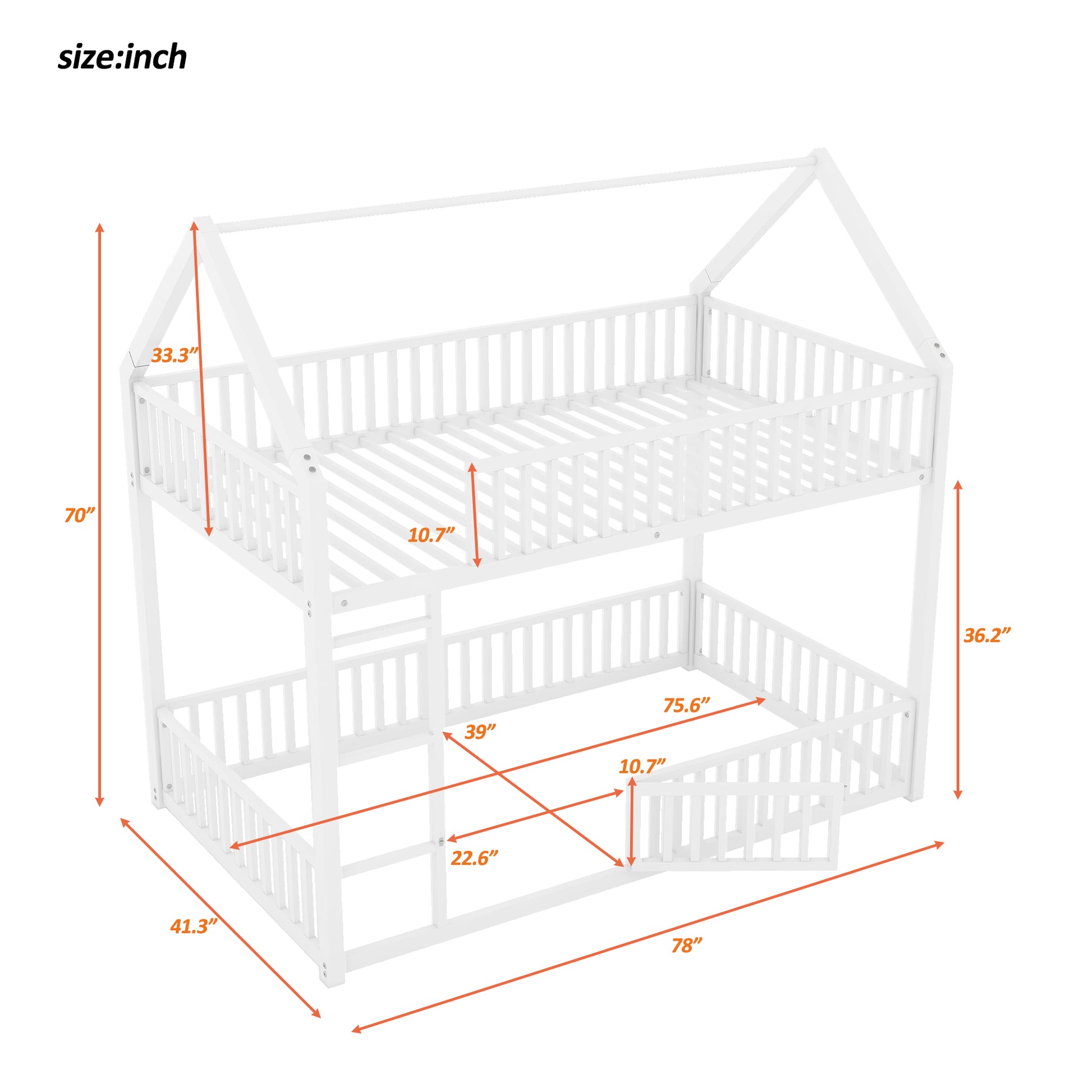 Metal Twin Over Twin House Bunk Bed With Fence And Door, White Box Spring Not Required Twin White Metal Bedroom Metal