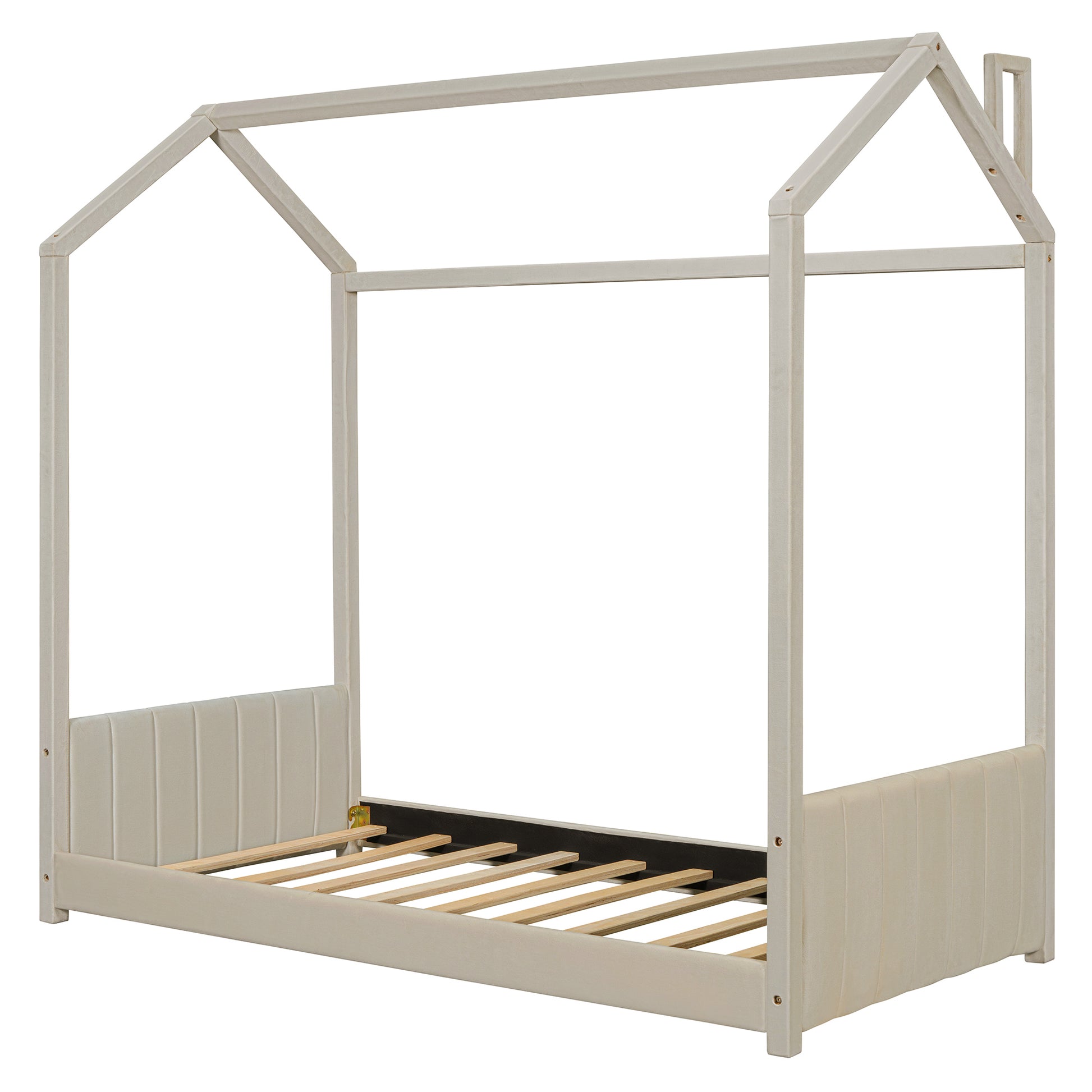 Twin Size Velvet House Bed Wood Bed, Beige Old Sku: Lp000125Aaa Beige Velvet