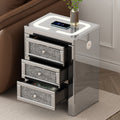 15.7''W Silver Rectangle Mirrored End Table With Wireless&Usb Charging, Modern Side Table With Led Lights, 3 Drawers With Crystal Style Handles For Living Room Silver Mirrored Finish Luxury,Modern Rectangular Mdf Glass