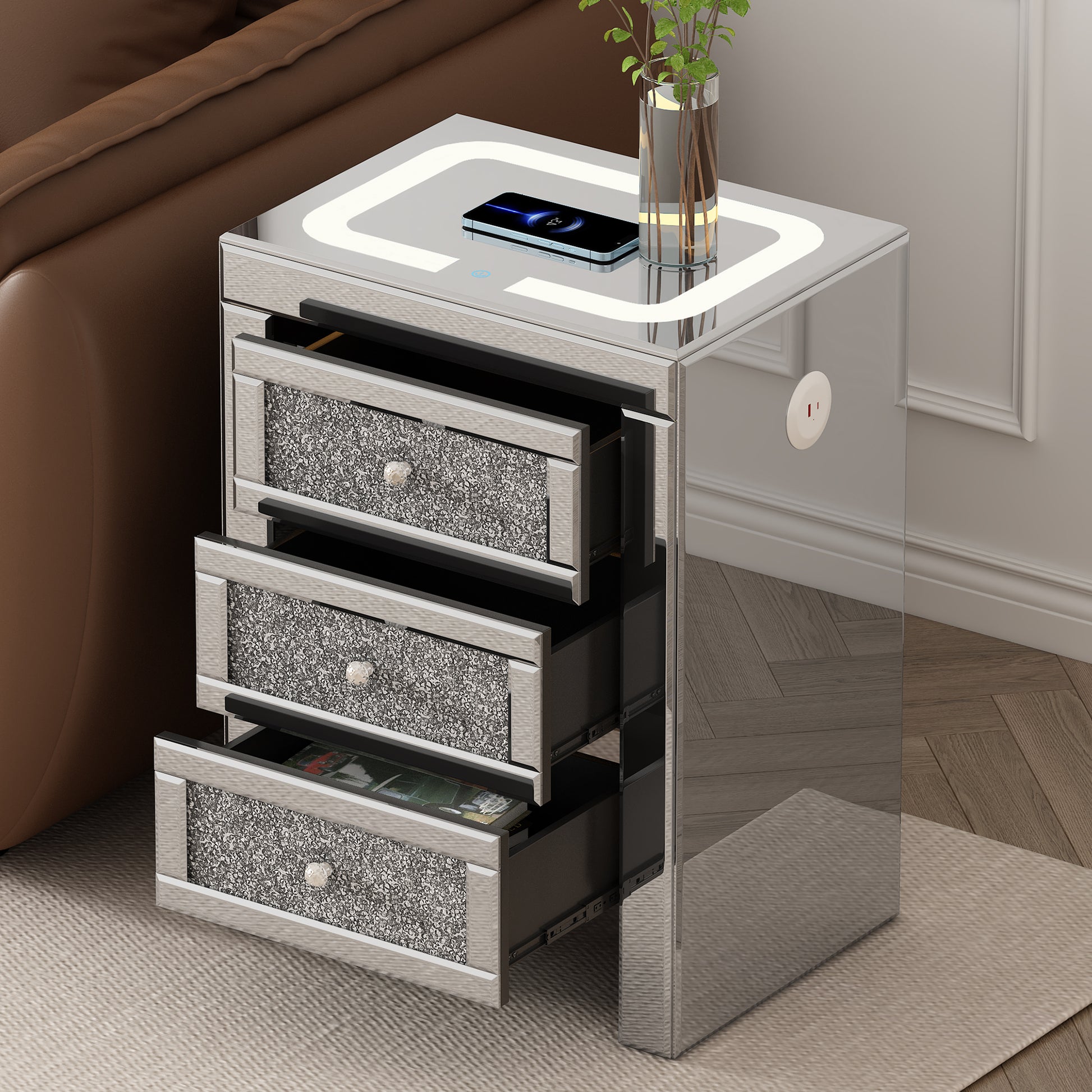 15.7''W Silver Rectangle Mirrored End Table With Wireless&Usb Charging, Modern Side Table With Led Lights, 3 Drawers With Crystal Style Handles For Living Room Silver Mirrored Finish Luxury,Modern Rectangular Mdf Glass