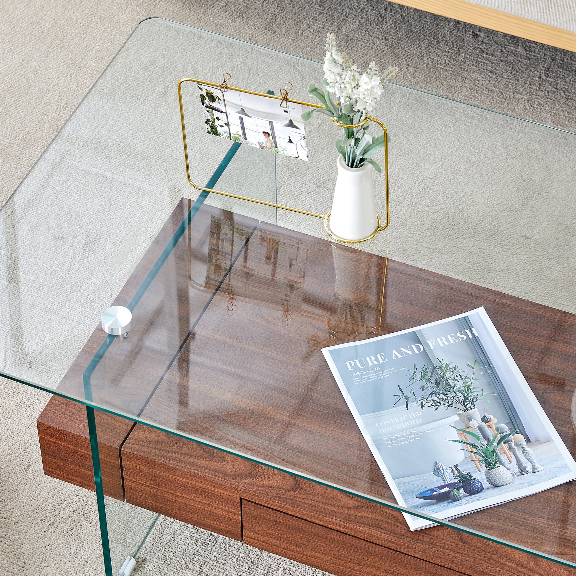 43.3 Inch Modern Two Tier Coffee Table Clear Tempered Glass And Dark Wood Grain, Multifunctional Storage Design.The Bottom Tier Includes A Drawer.Can Be Used As A Coffee Table,Side Table,Etc.