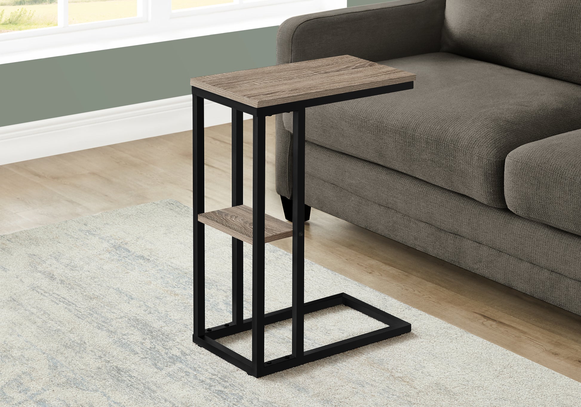 Accent Table, C Shaped, End, Side, Snack, Living Room, Bedroom, Brown Laminate, Black Metal, Contemporary, Modern Taupe Particle Board