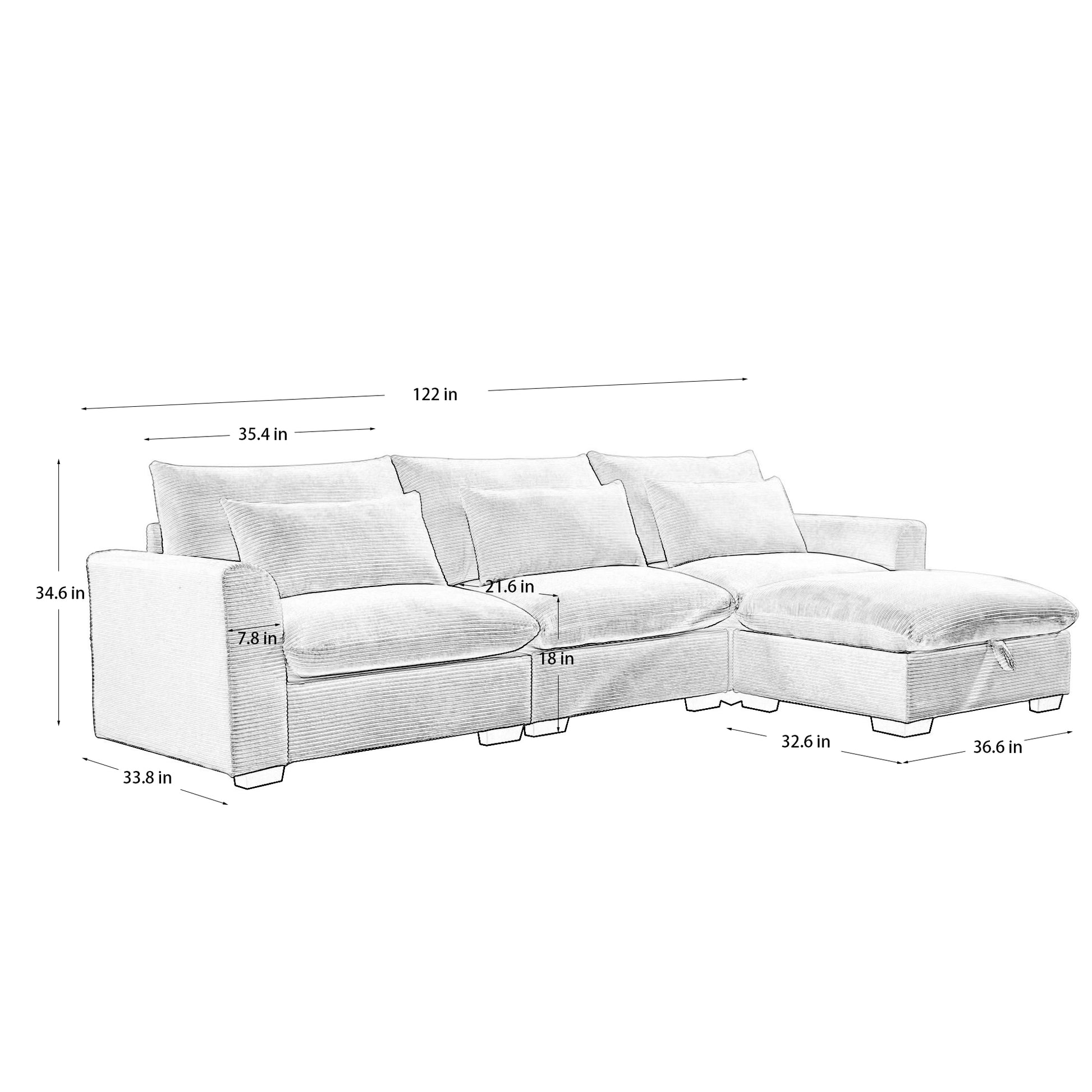Corduroy Sectional Sofa, L Shaped Couch With Storage Footstool And 3 Pillow, Sectional Couch For Living Room Apartment, Bule Blue Corduroy 3 Seat