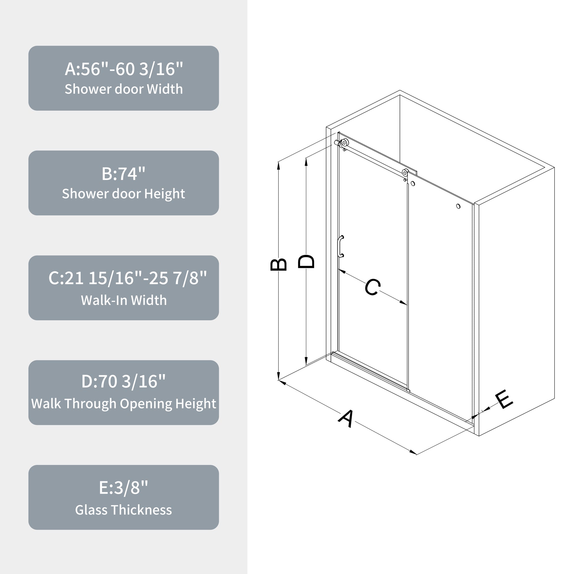 Glass Shower Door, Sliding Door, With 5 16" Tempered Glass And Matted Black Finish Matte Black Stainless Steel