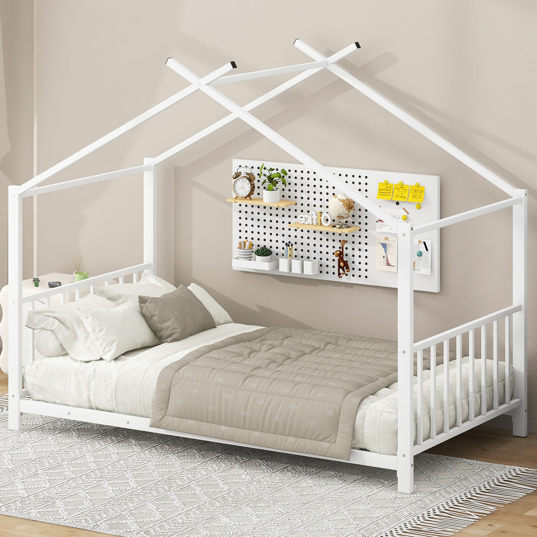 Twin Size Metal House Platform Bed, White Box Spring Not Required Twin White Metal Bedroom Bed Frame Metal