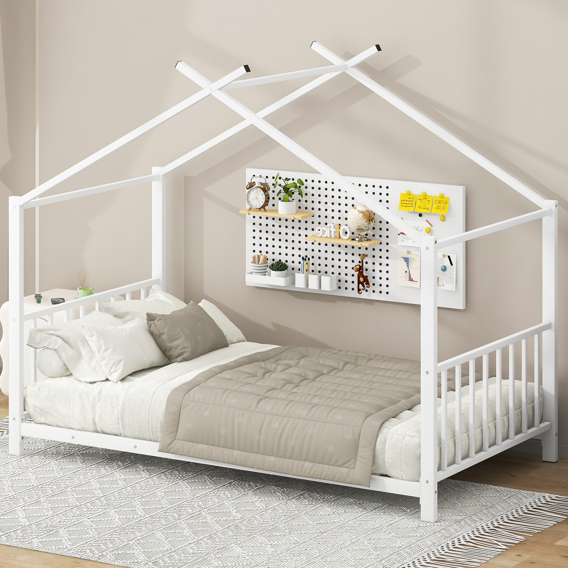 Twin Size Metal House Platform Bed, White Box Spring Not Required Twin White Metal Bedroom Bed Frame Metal