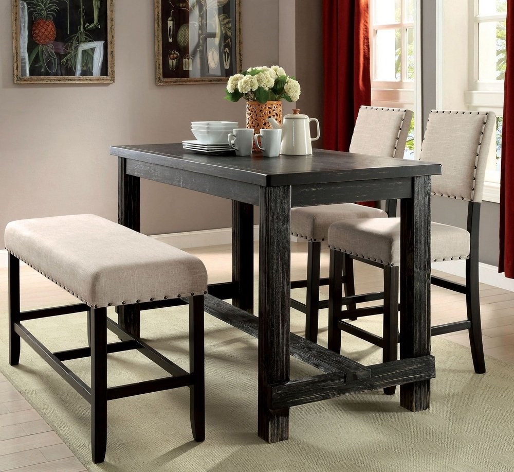 Antique Black Bold Distressed 1Pc Counter Height Dining Table Dining Room Furniture Center Beam For Support Footret Antique Black Dining Room Classic,Contemporary,Modern,Transitional Rectangular Kitchen & Dining Tables Solid Wood