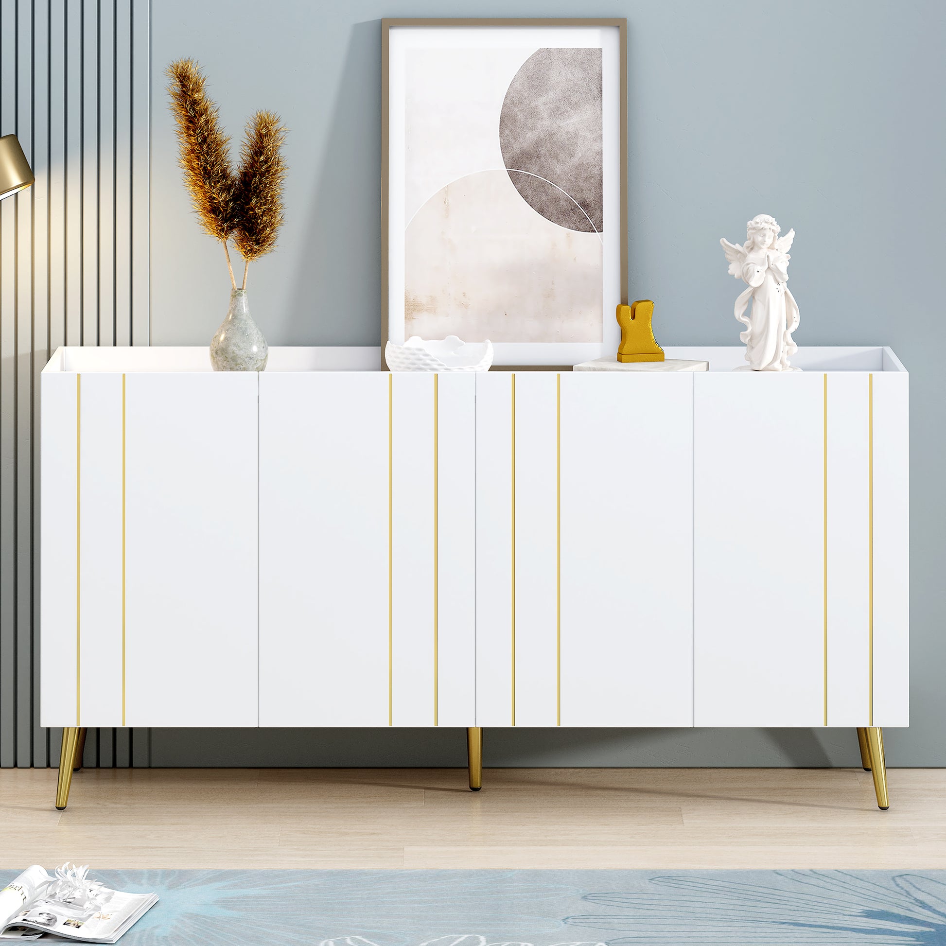 Luxurious Shoe Cabinet With 5 Metal Legs, Modern Tv Stand With 4 Adjustable Shelves For Tvs Up To 70", Minimalist Sideboard Cabinet With Gold Lines Doors For Living Room,62.9"X 31.4",White White