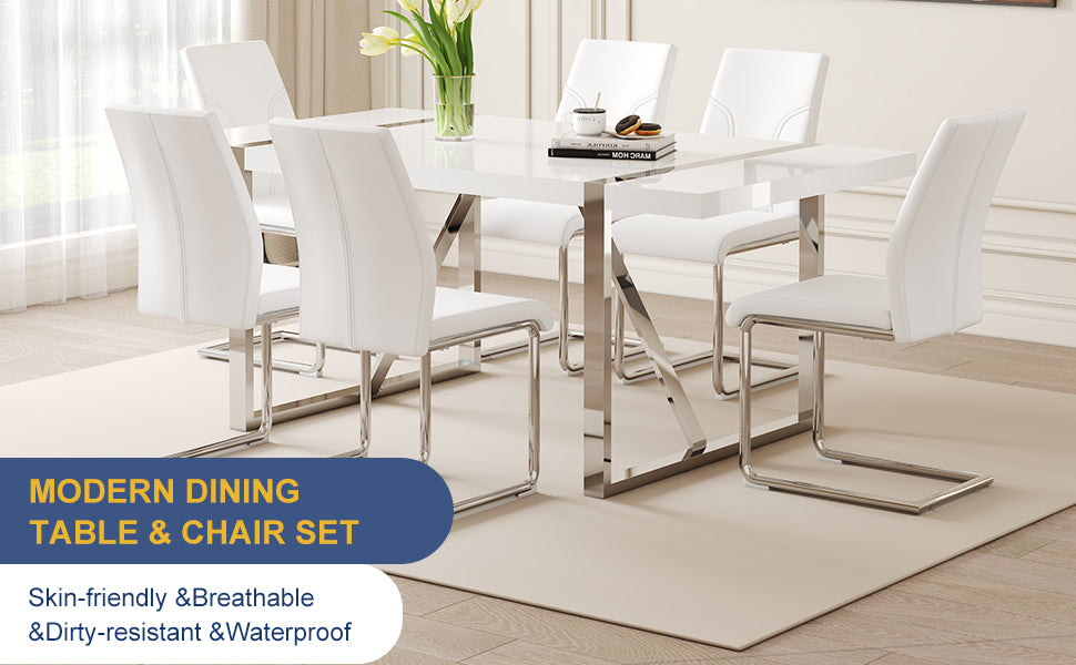 Table And Chair Set.71"X39.3" White Mdf Painting Dining Table Set With 6 White Pu Chairs.Showcasing A Modern And Stylish Look.Suitable For Dining Room.Mdf Painting,Iron Pipe Plating,Pu Chiairs.