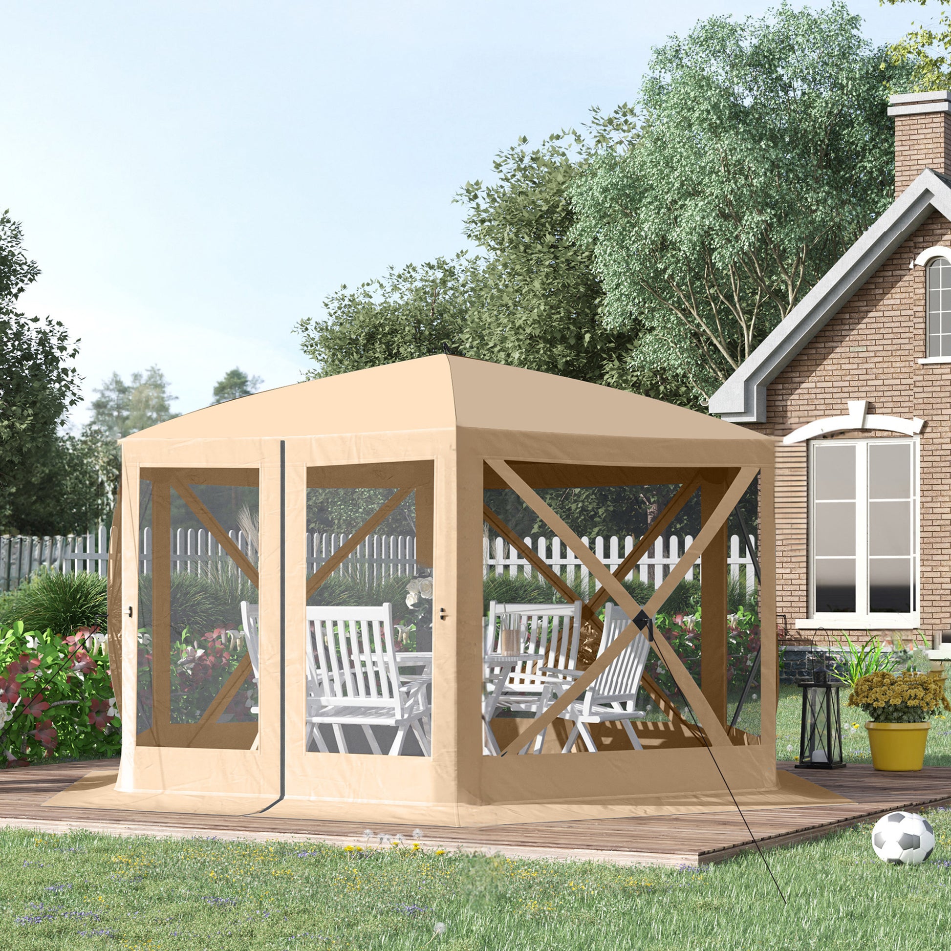 Outsunny 12' X 12' Hexagon Screen House, Pop Up Tent Portable Gazebo Canopy Shelter With Mesh Netting Walls, Carry Bag And Shaded Interior, Beige Beige Polyester