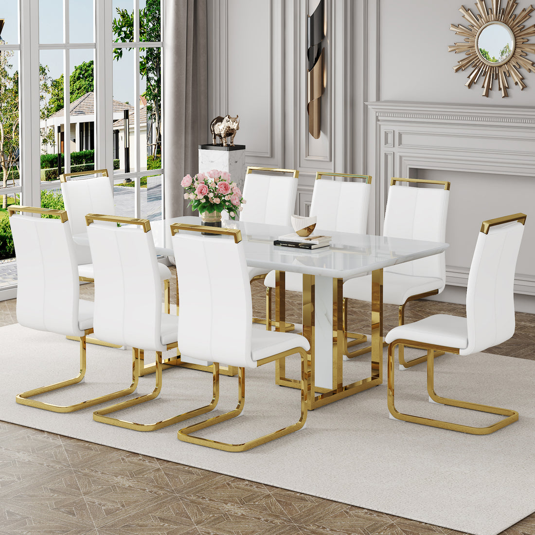 Table And Chair Set.67"X36" White Marble Pattern Mdf Dining Table Set With 8 White Pu Chairs.Mdf Sticker,White Marble Pattern Sticker,Gold C Tube Chair Legs,Suitable For Kitchen,Dining Room,Etc.