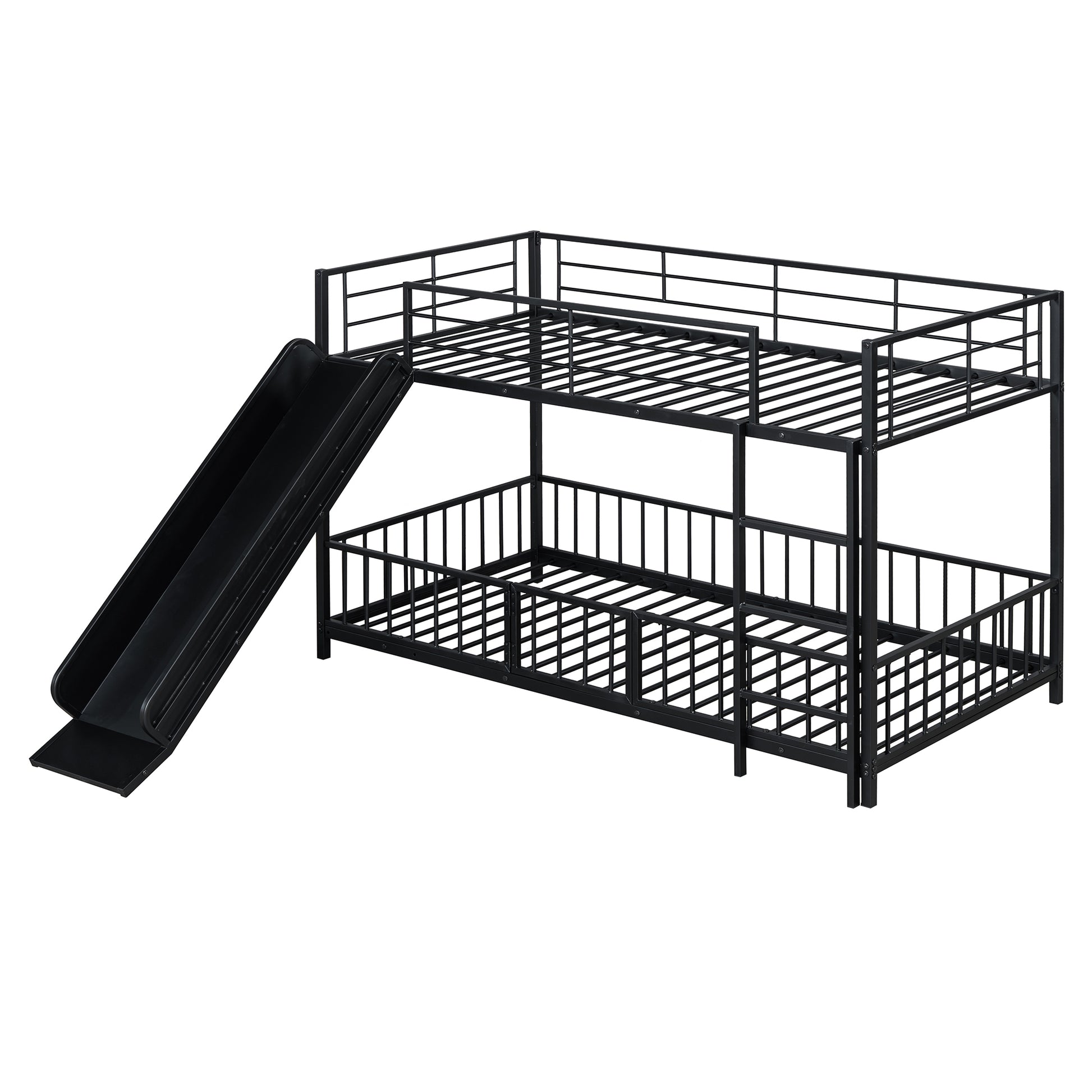 Twin Over Twin Size Metal Bunk Bed With Slide And Guardrails, Black Twin Black Metal