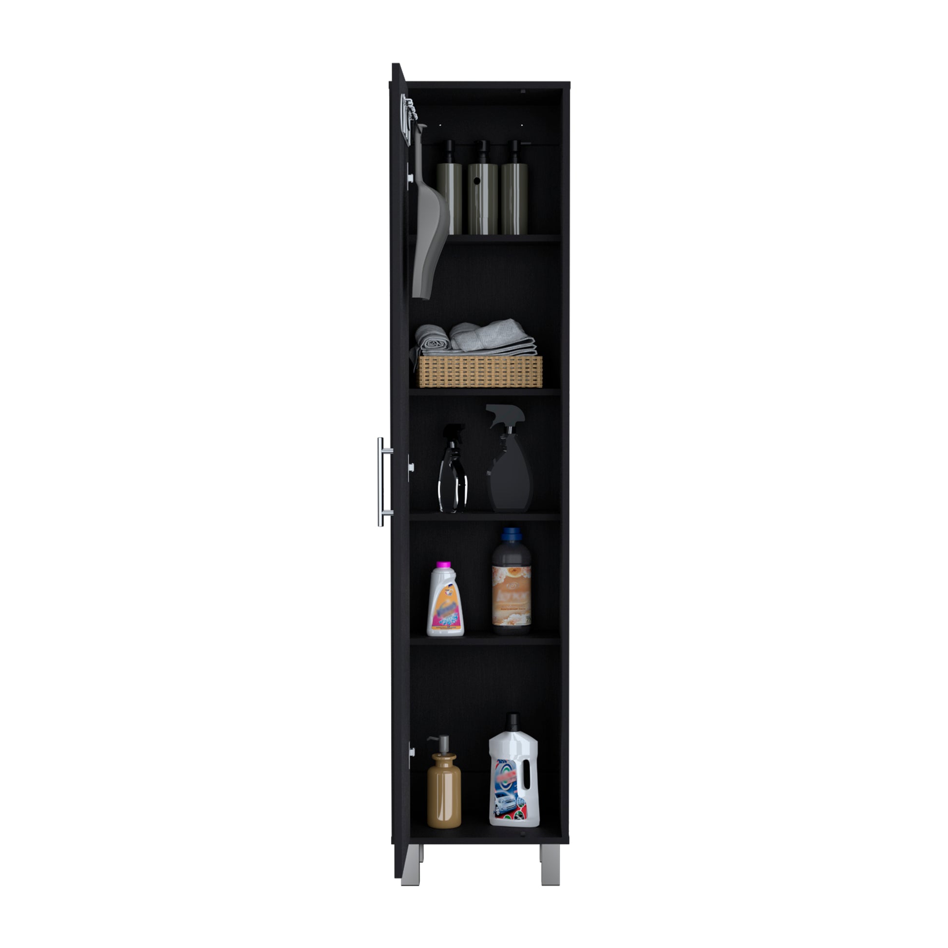 Laska 70" Tall Storage Cabinet Broom Closet With Broom Hangers,And Four Shelves Black Black Particle Board