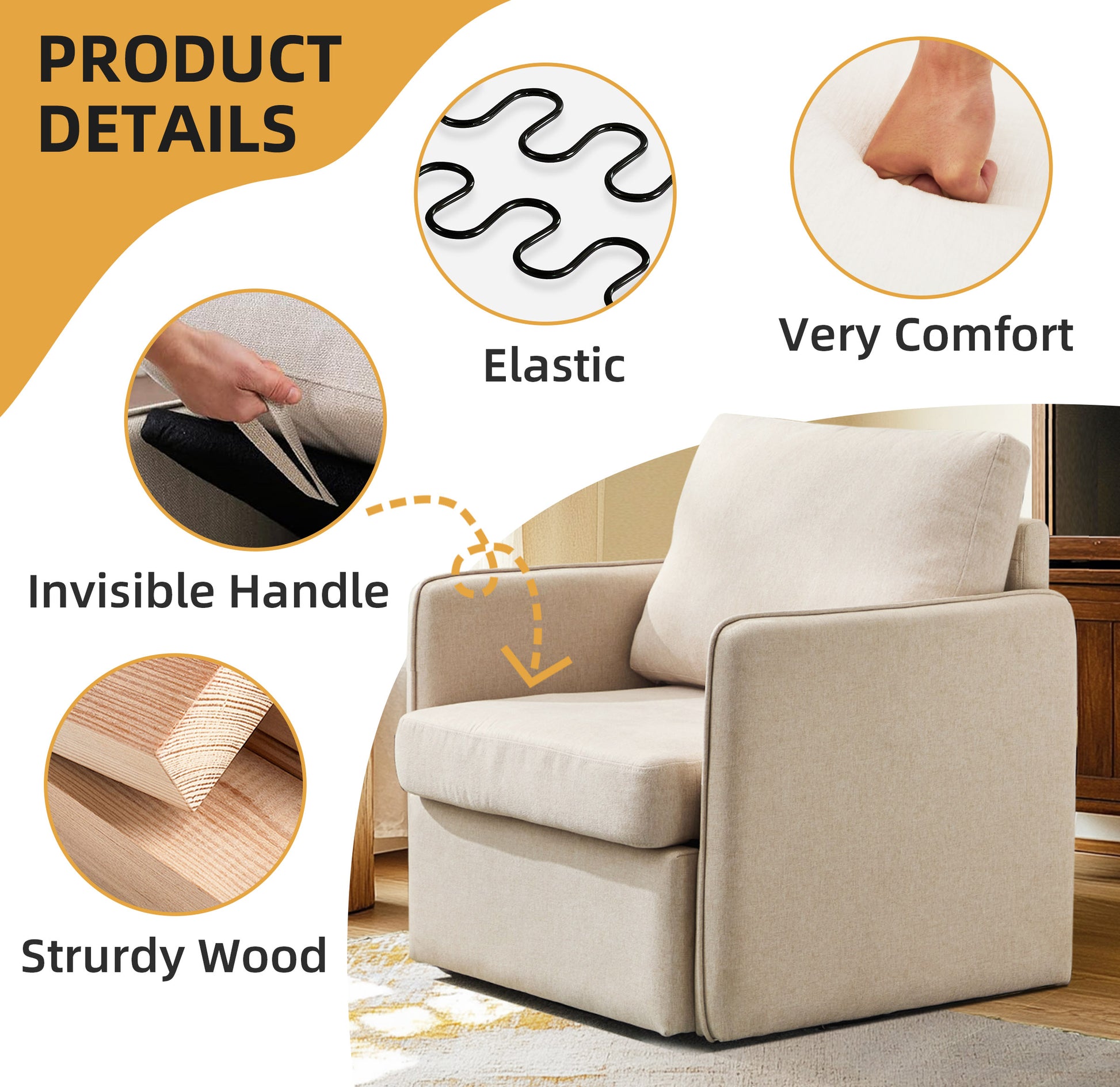 Swivel Accent Chair, Comfy Single Sofa Chair With Storage, Modern Arm Chair For Living Room, Fabric Swivel Armchair With Metal Base Beige Beige Brown Linen
