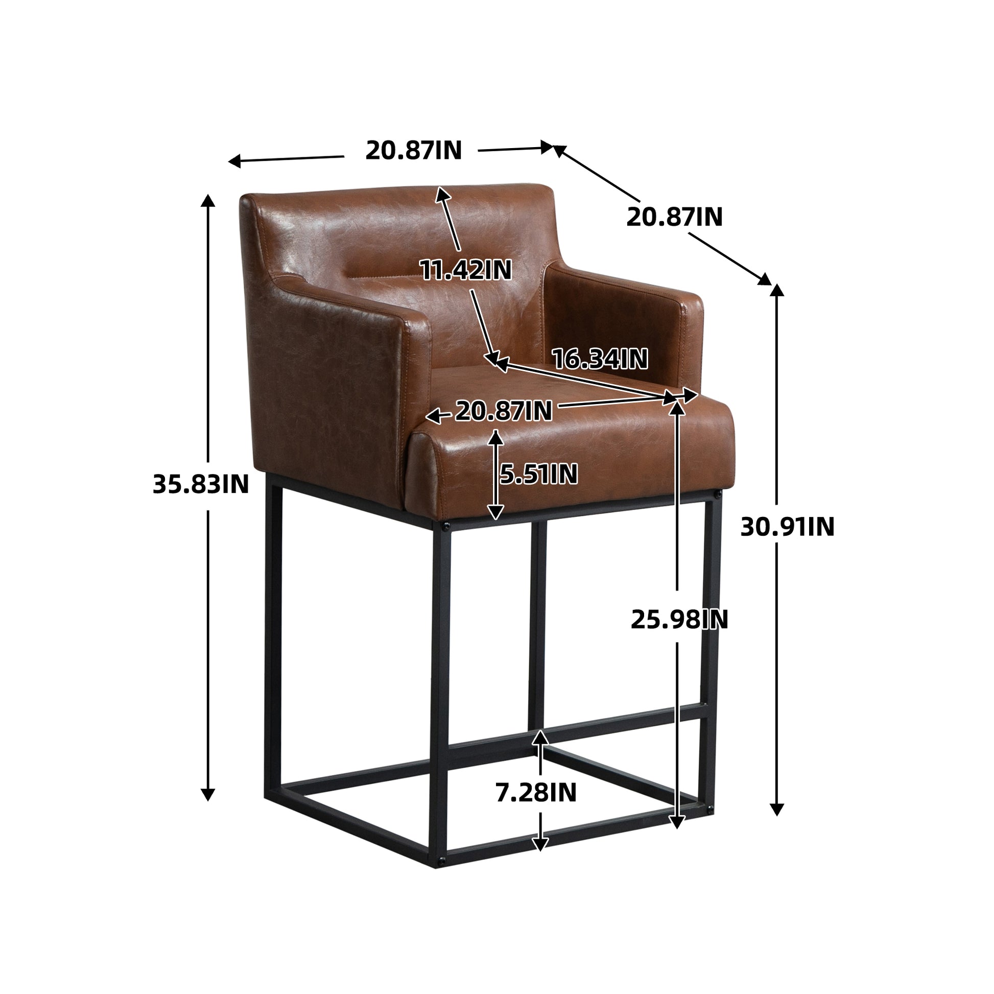 Coolmore Counter Height Bar Stools Set Of 2, Modern Barrel Bar Stool With Backrest And Arms, Black Metal Frames, Upholstered Bar Stools For Kitchen Island, Pub, Club Brown Pu Foam Pu Leather