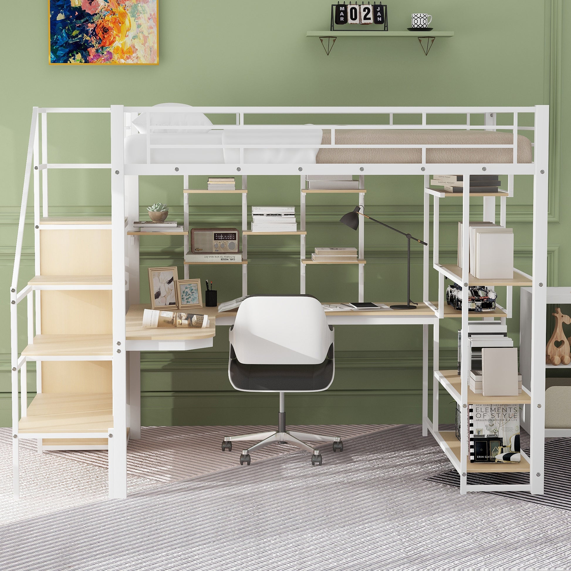 Full Size Metal Loft Bed With Storage Staircase And Small Wardrobe, Built In Desk And Storage Shelves, White Full White Metal