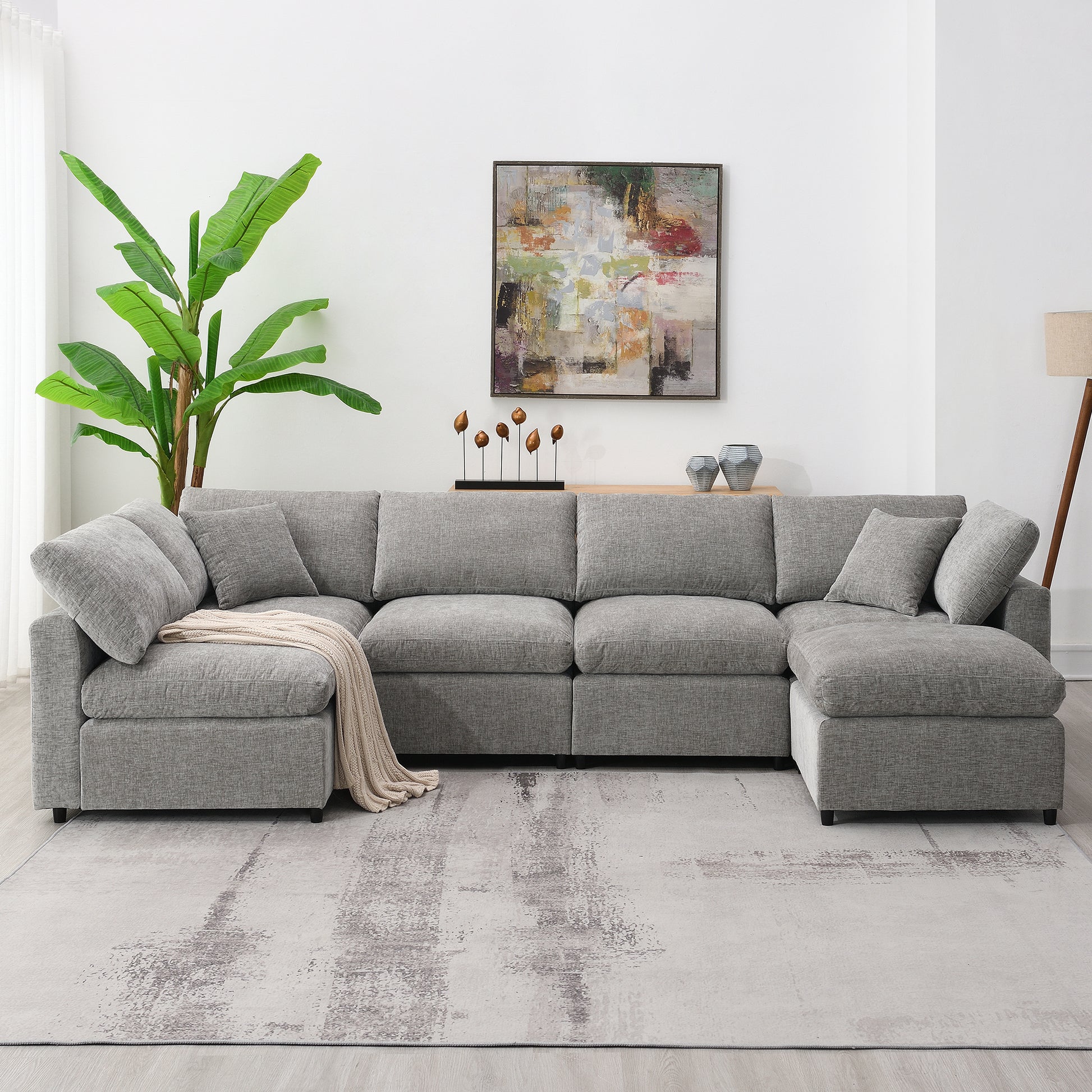 130*65" Modern Modular Cloud Sofa Bed, 6 Seat Chenille Sectional Couch Set With Ottoman,Free Combination,Convertible U Shaped Sleeper Sofa For Living Room, Apartment, 3 Colors Gray Chenille 6 Seat