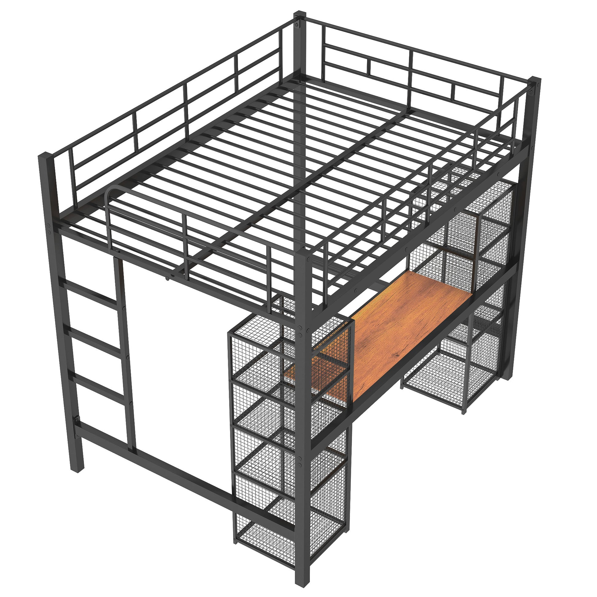 Full Size Metal Loft Bed With Built In Desk And Shelves, Black Brown Box Spring Not Required Full Black Brown Metal Bedroom Mdf Metal
