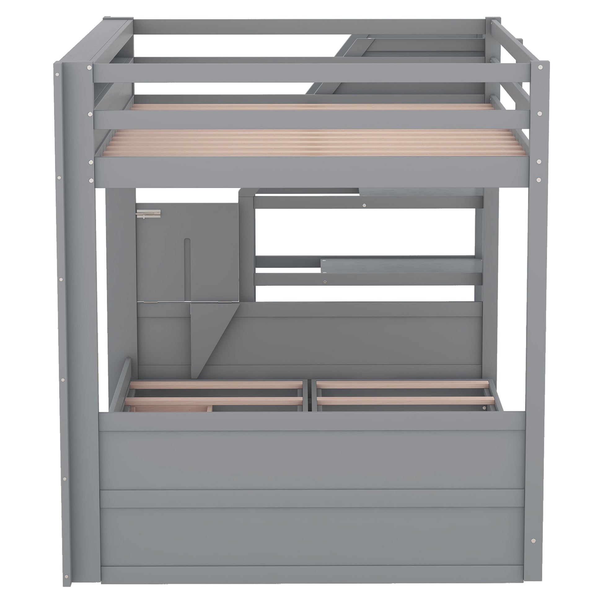 Wood Full Size Convertible Bunk Bed With Storage Staircase, Bedside Table, And 3 Drawers, Gray Gray Solid Wood Mdf