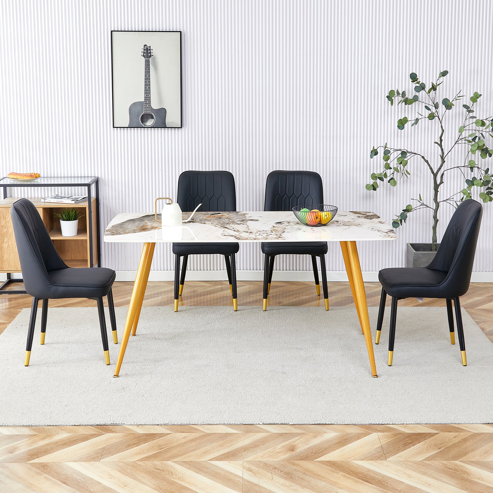 Table And Chair Set.Modern Minimalist Dining Table. White Imitation Marble Pattern Sintered Stone Desktop With Golden Metal Legs.Paried With 4 Comfortable Chairs With Pu Seats And Black Metal Legs.