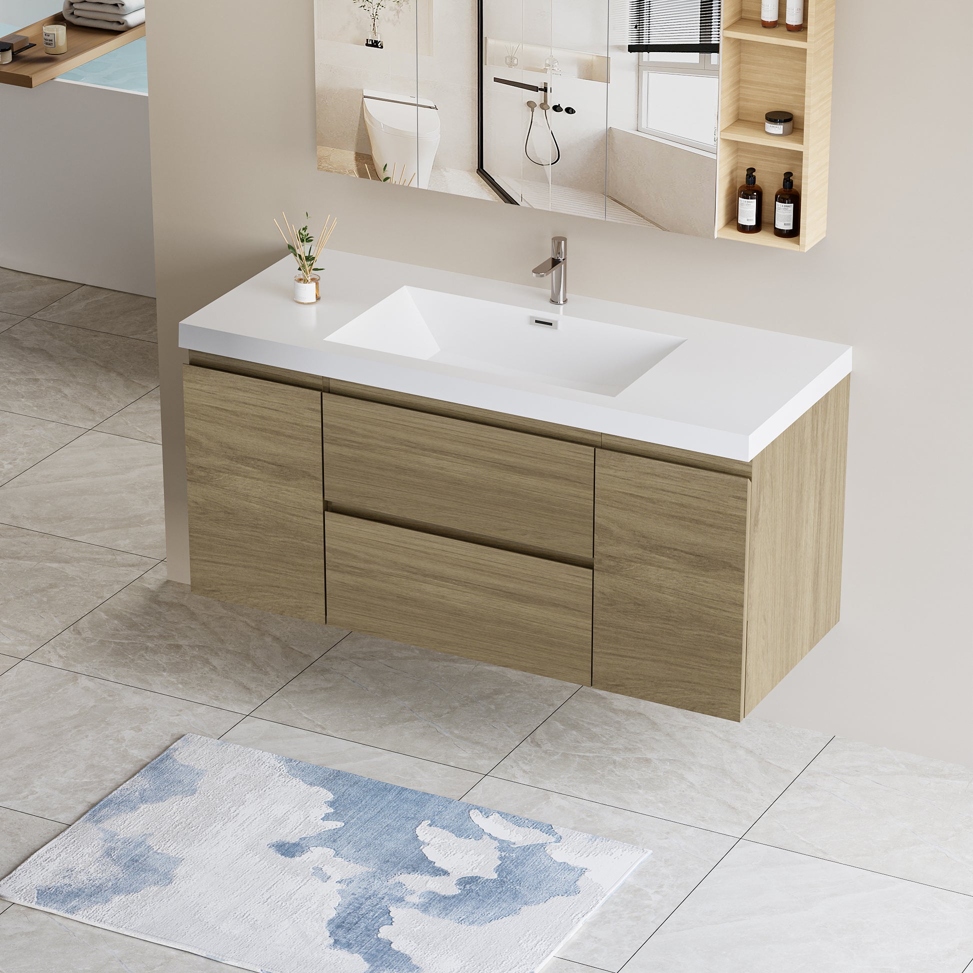 48" Floating Bathroom Vanity With Sink, Modern Wall Mounted Bathroom Storage Vanity Cabinet With Resin Top Basin And Soft Close Drawers, Natural Oak 24V11 48No 2 Oak 2 Bathroom Wall Mounted Melamine