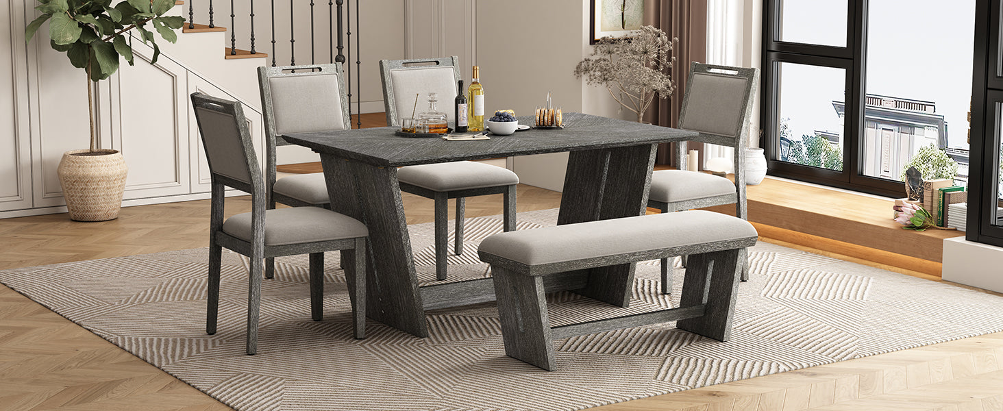 6 Piece Retro Dining Set, 1 Rectangular Table With Stable Trapezoidal Table Base And 4 Upholstered Chairs And 1 Bench For Dining Room And Kitchen Gray Gray Solid Wood Mdf