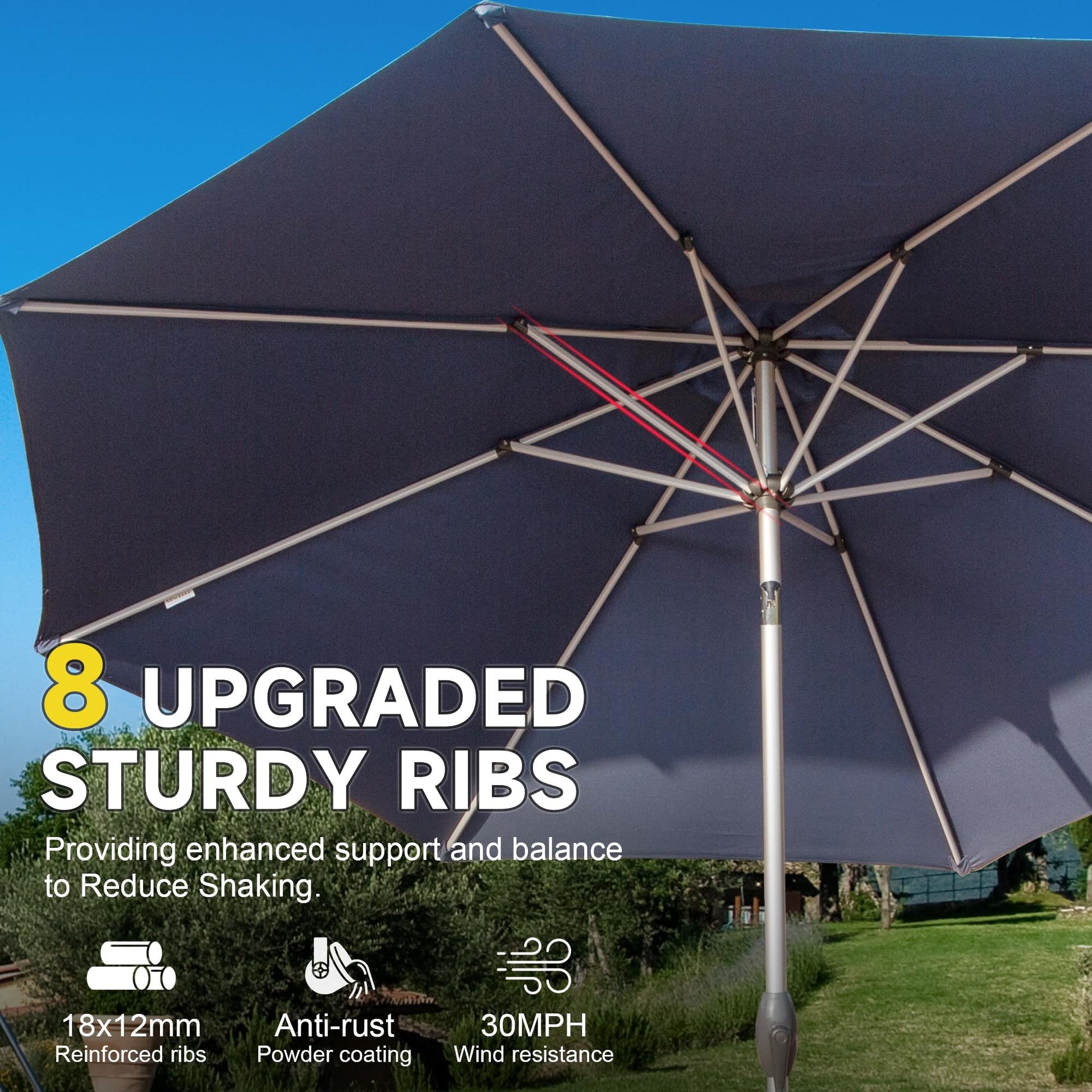 9Ft Patio Umbrella, Outdoor Table Umbrella With Push Button Tilt And Crank, Uv Protection Waterproof Market Sun Umbrella With 8 Sturdy Ribs For Garden, Deck, Backyard, Pool Navy Blue Navy Blue Round Uv Resistant Umbrellas Aluminium