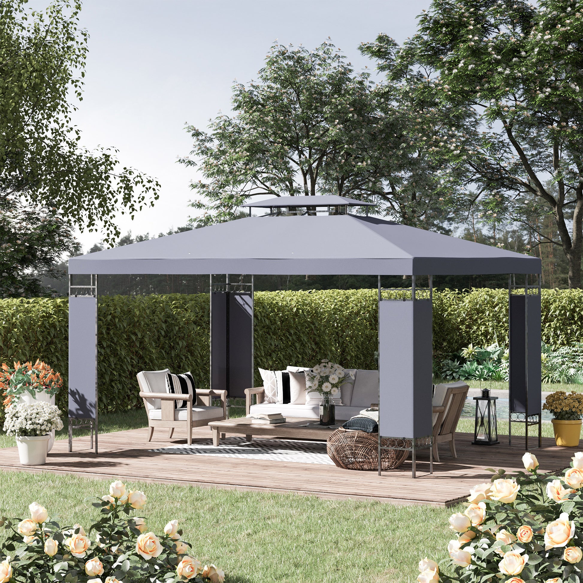 Outsunny 10' X 13' Patio Gazebo, Double Roof Outdoor Gazebo Canopy Shelter With Screen Decorate Corner Frame, For Garden, Lawn, Backyard And Deck, Gray Grey Steel