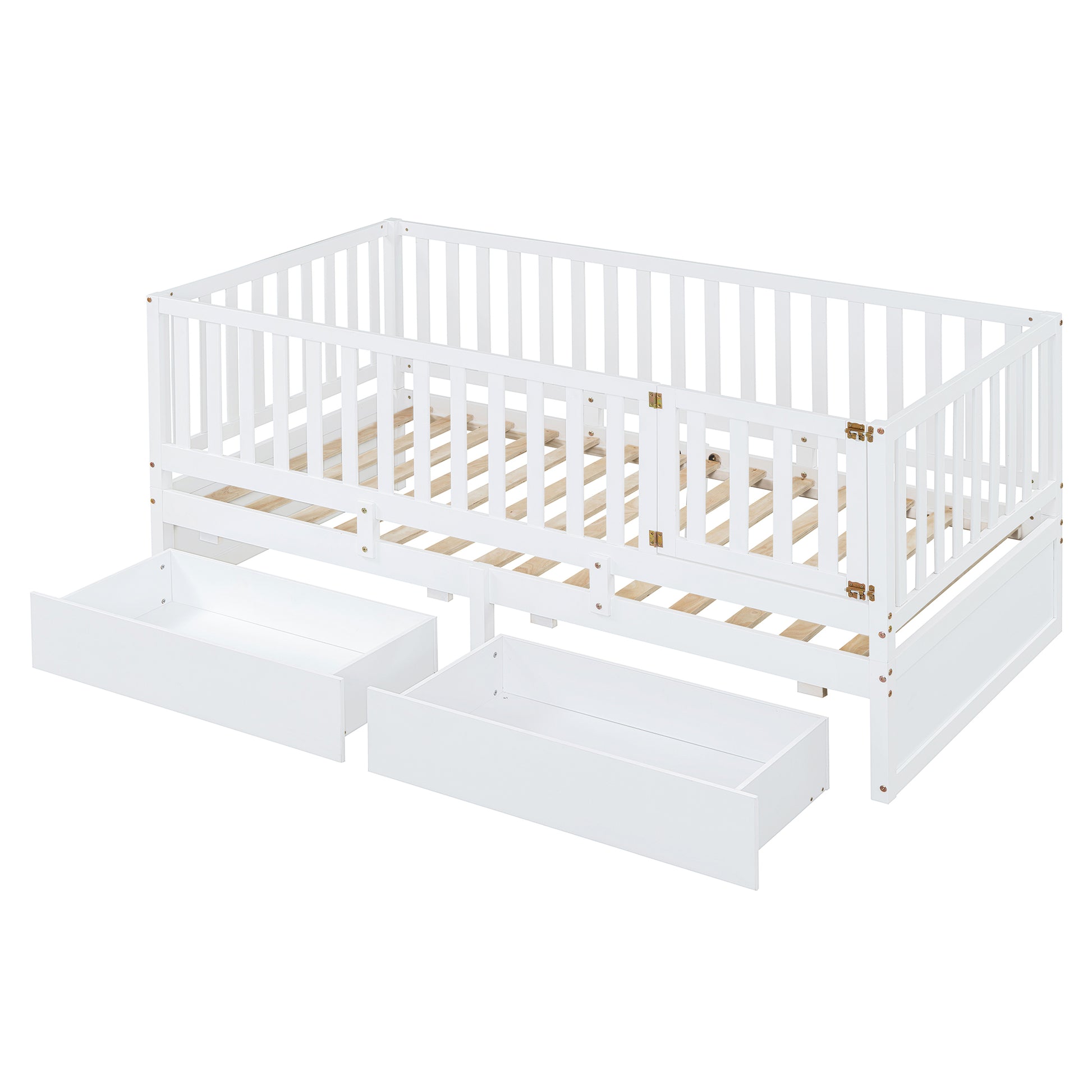 Twin Size Wood Daybed With Fence Guardrails And 2 Drawers, Split Into Independent Floor Bed & Daybed, White Old Sku :Lp000881Aak Twin White Solid Wood Mdf