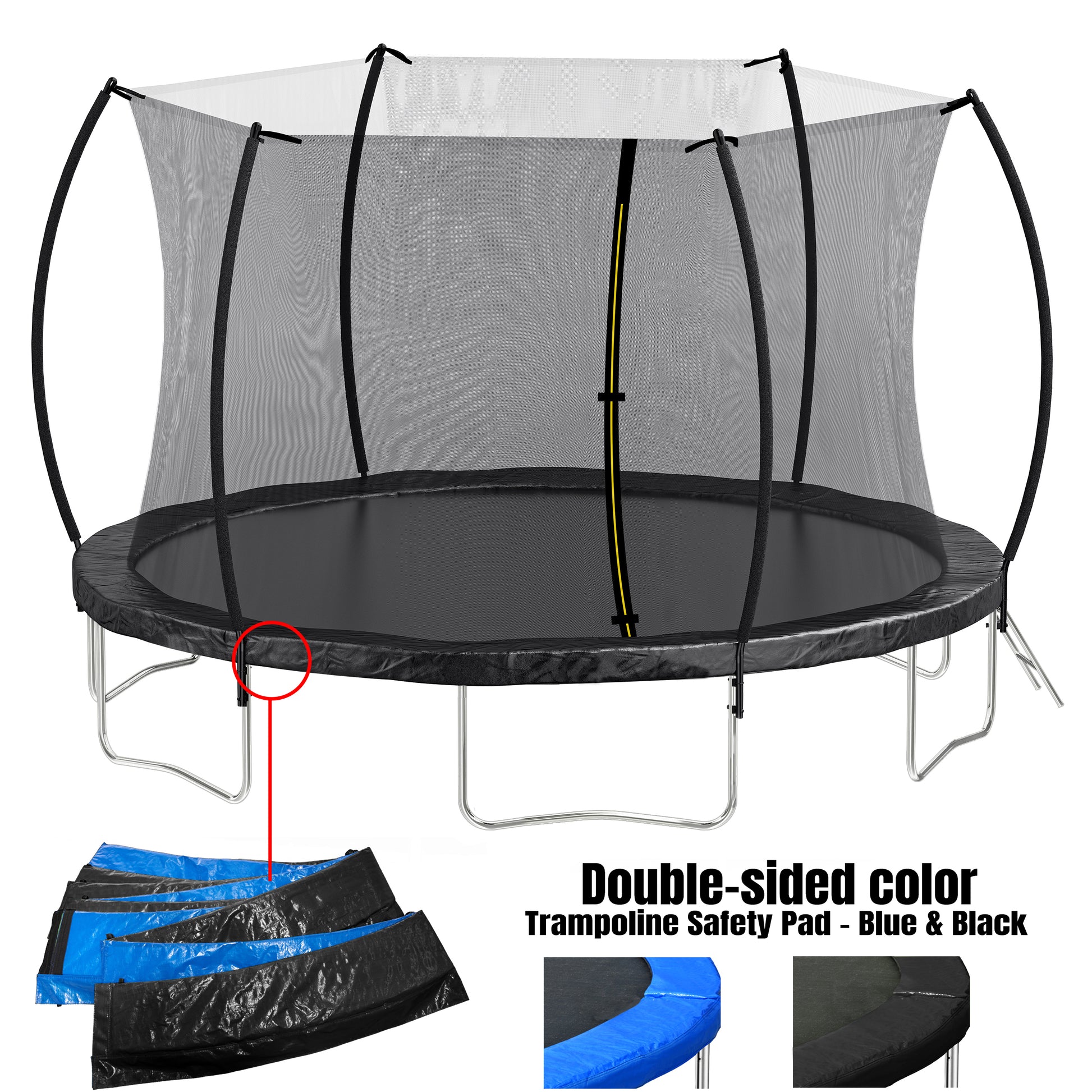 14Ft Trampoline Double Side Color Pad Trampoline For Kids And Adults With Enclosure Net And Ladder,Curved Fence Pole Black Steel Steel