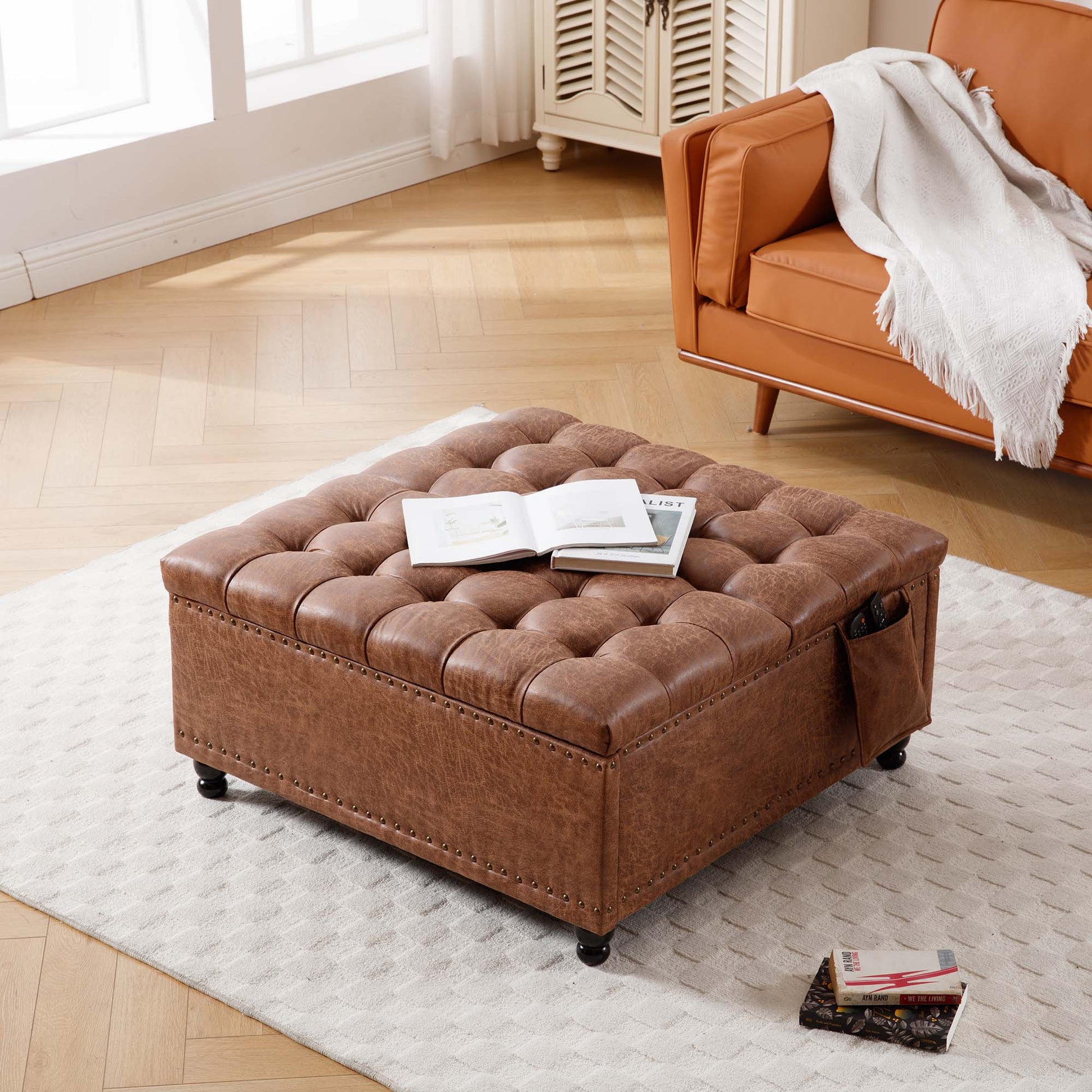 Storage Ottoman Bench Brown Brown Bedroom Leather Wood Fabric