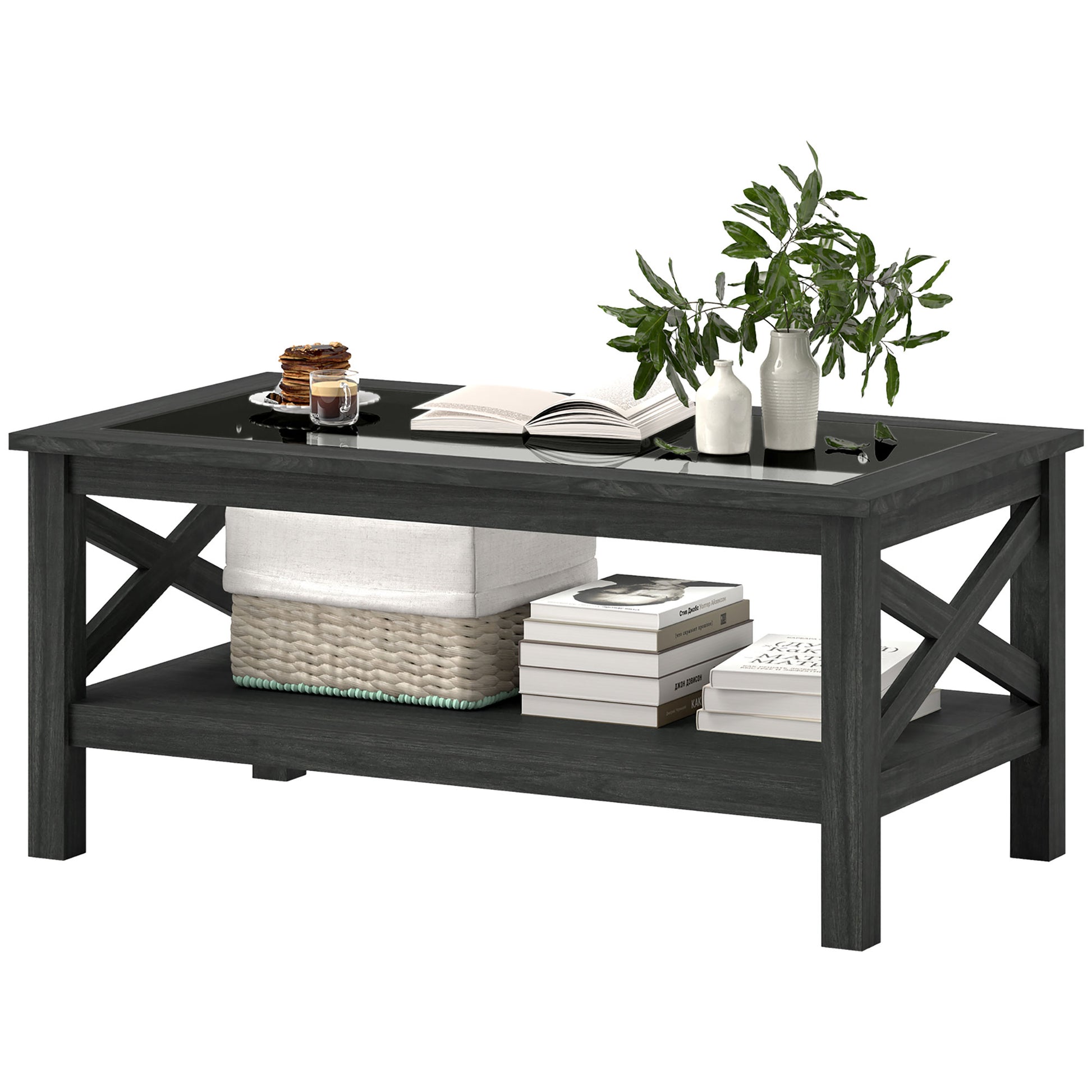 Homcom Glass Coffee Table, Modern Farmhouse Center Table With Storage, Side Table For Living Room With Classic X Bar Style Sides, Black Black Mdf