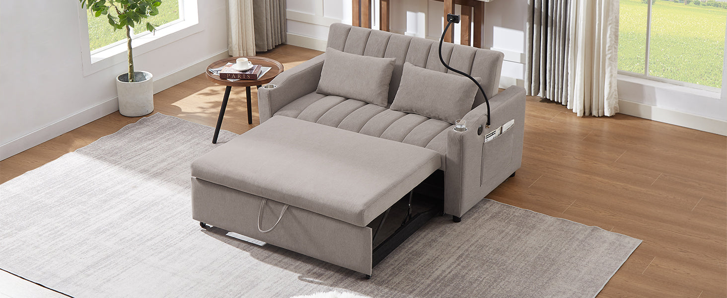55.9" Convertible Sofa Bed Loveseat Sofa With Three Usb Ports, Two Side Pockets, Two Cup Holders And 360 Swivel Phone Holder For Living Room, Light Grey Light Grey Foam Polyester 2 Seat