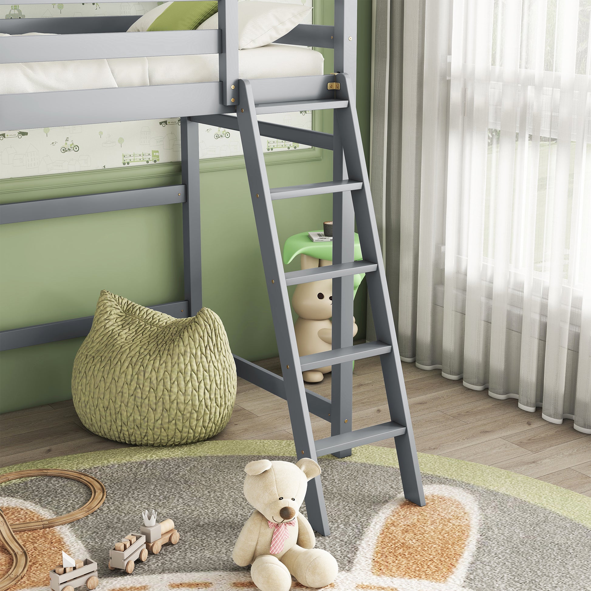 Twin Size High Loft Bed With Inclined Ladder, Guardrails,Grey Twin Grey American Design Pine