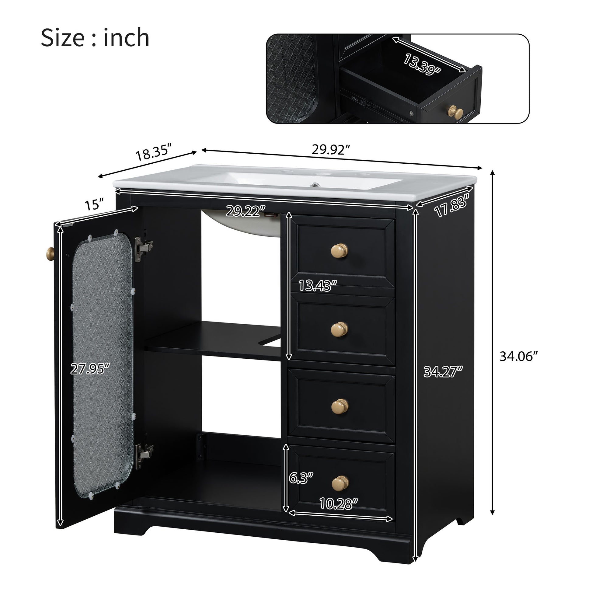 30 Inch Bathroom Vanity With A Soft Close Glass Door, Adjustable Shelves, And Three Drawers Black Bathroom Solid Wood Mdf Glass