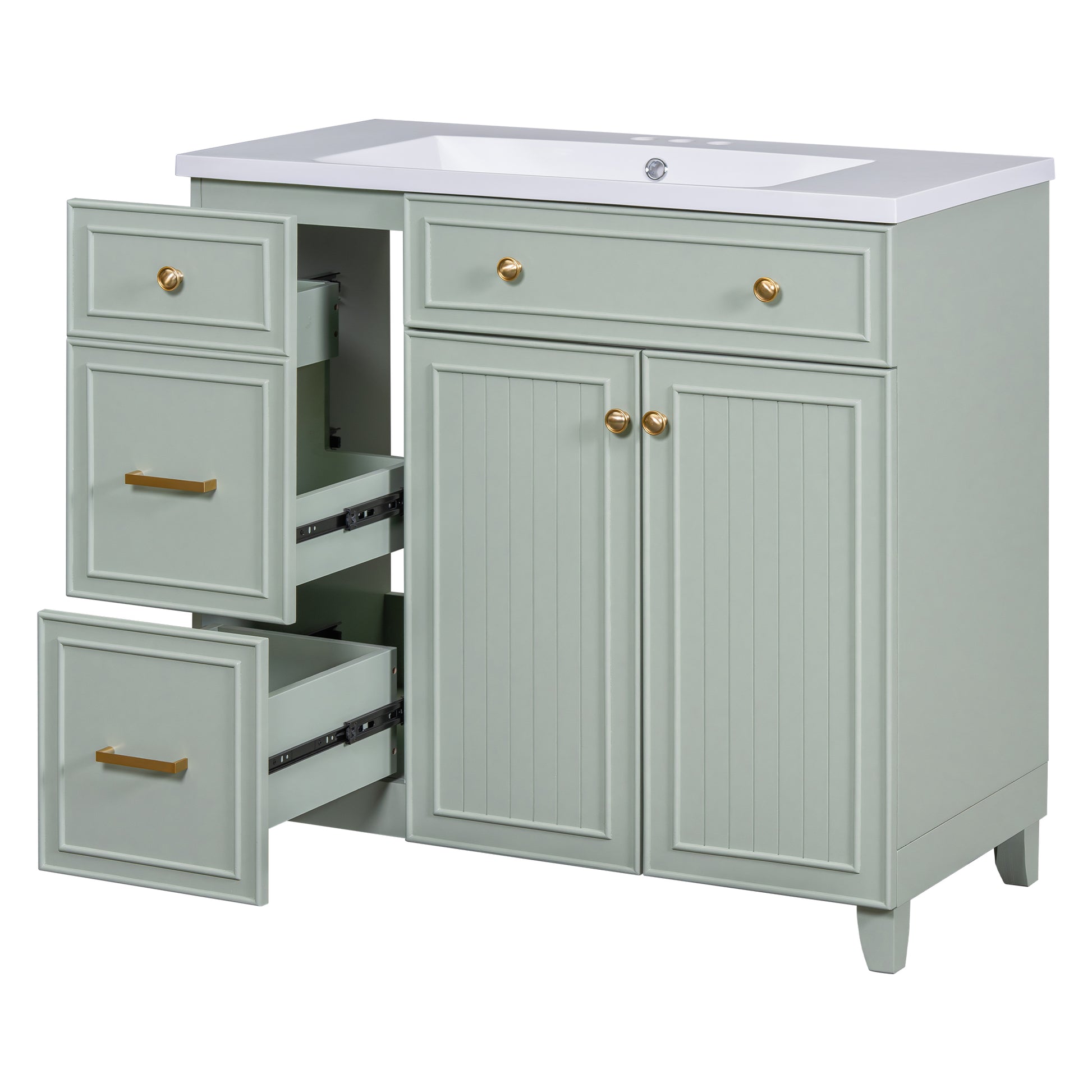 36 Inch Bathroom Vanity, Transitional Style Bathroom Cabinet With Resin Sink, Green Single Bathroom Cabinet, With 2 Drawers And 1 Adjustable Storage Shelf, 2 Soft Close Doors Green Bathroom Solid Wood Mdf Resin