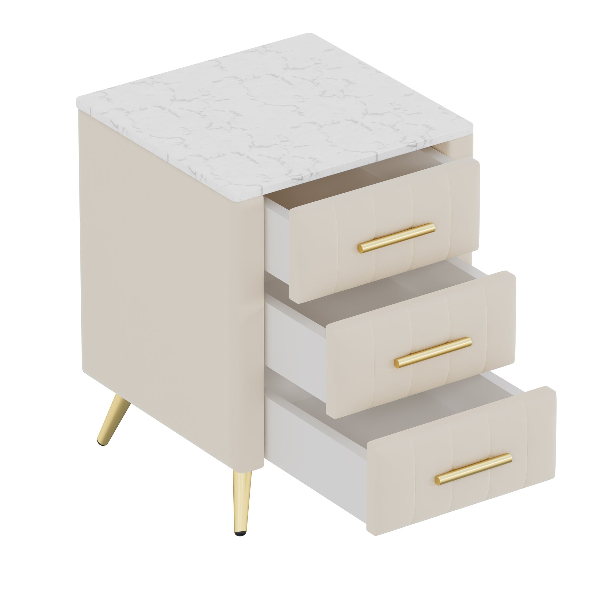 Upholstered Wooden Nightstand With 3 Drawers And Metal Legs&Handles, Bedside Table With Marbling Stickers Worktop Beige Beige Velvet
