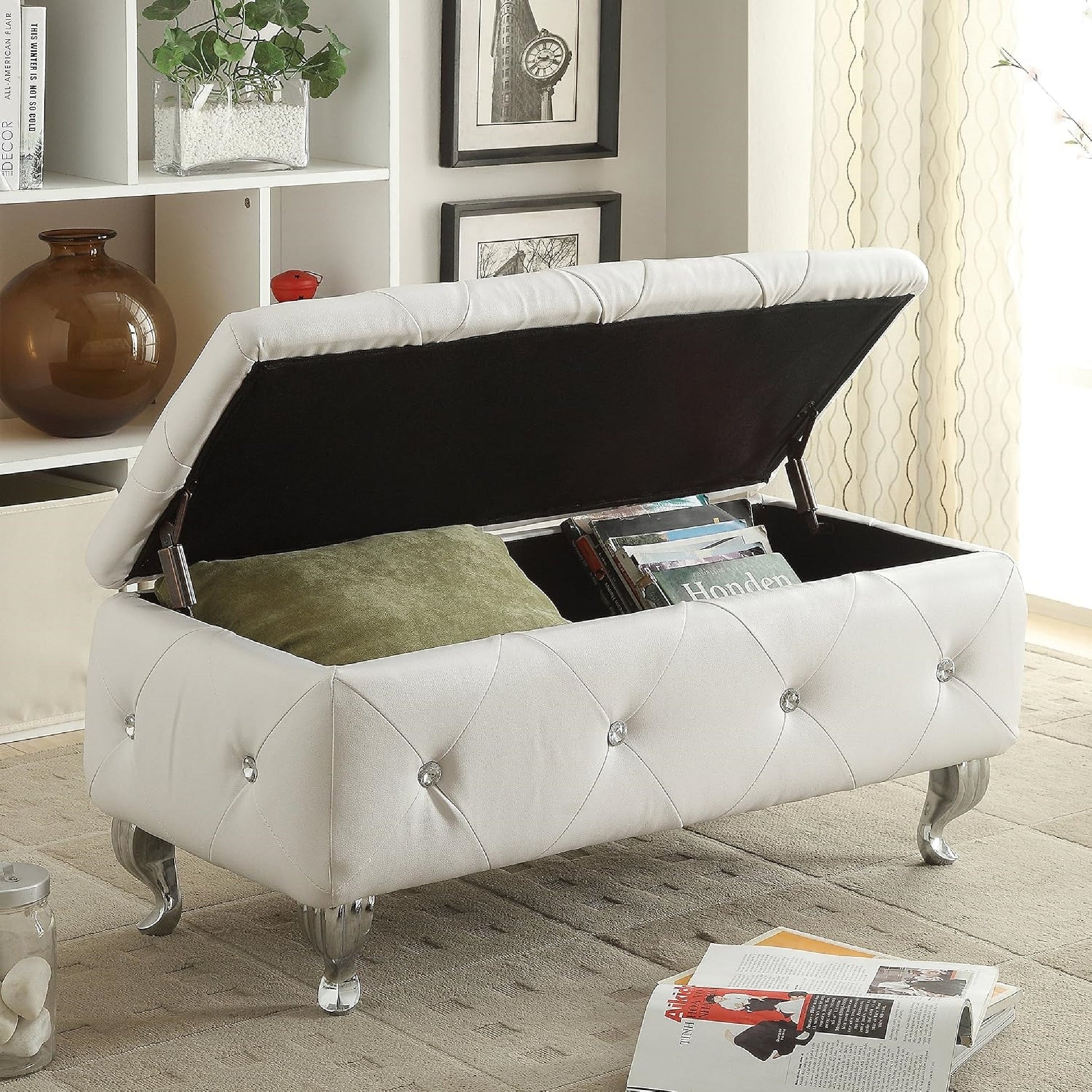 1Pc Glam 38 Inches Storage Ottoman Bench For Upholstered Tufted White Faux Leather Organizer Bedroom Living Room Entryway Hallway Tufted White Faux Leather Primary Living Space Solid White Traditional Foam Faux Leather