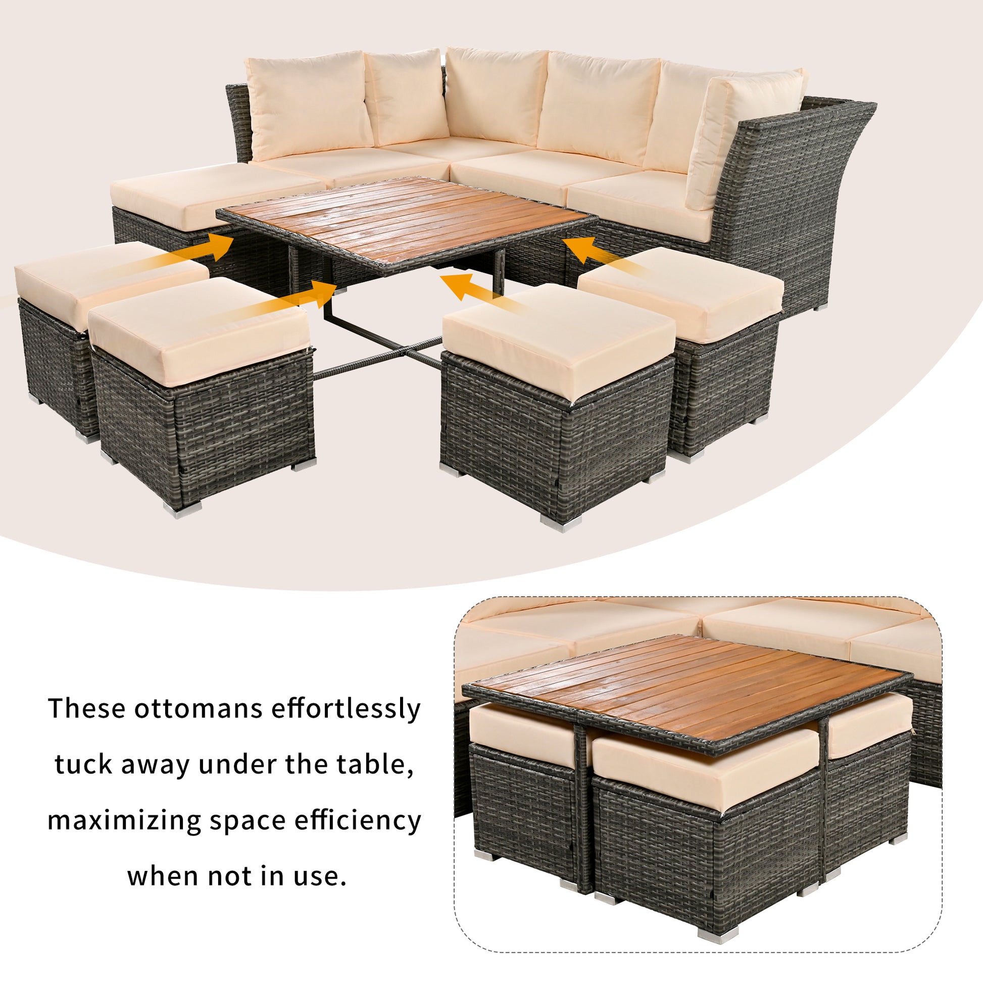 Patio Furniture Set, 10 Piece Outdoor Conversation Set, Coffeetable With Ottomans, Solid Wood Coffee Table Beige Rattan