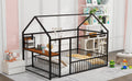 Full Size Metal Bed House Bed Frame With Desk, Shelves, Power Outlets And Usb Ports, Black Full Black Metal