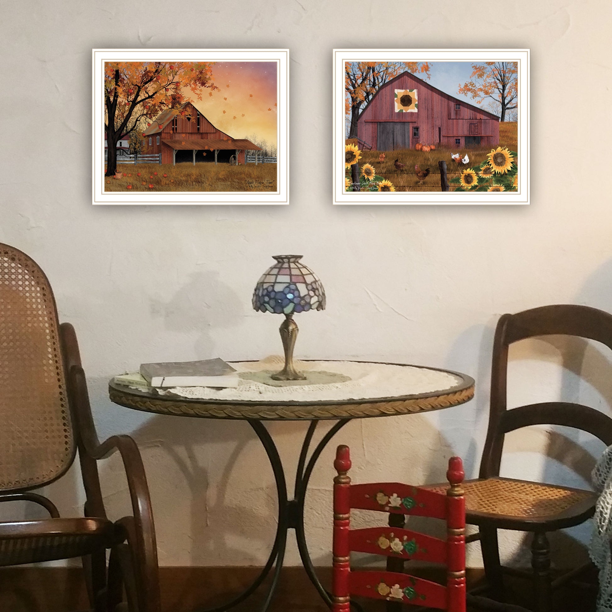 2 Piece Vignette Apple Picking Time, Sunflower Quilt Barn White Framed Wall Art For Living Room, Bedroom Wall Art Print For Home Decor By Billy Jacobs Multi Wood Paper