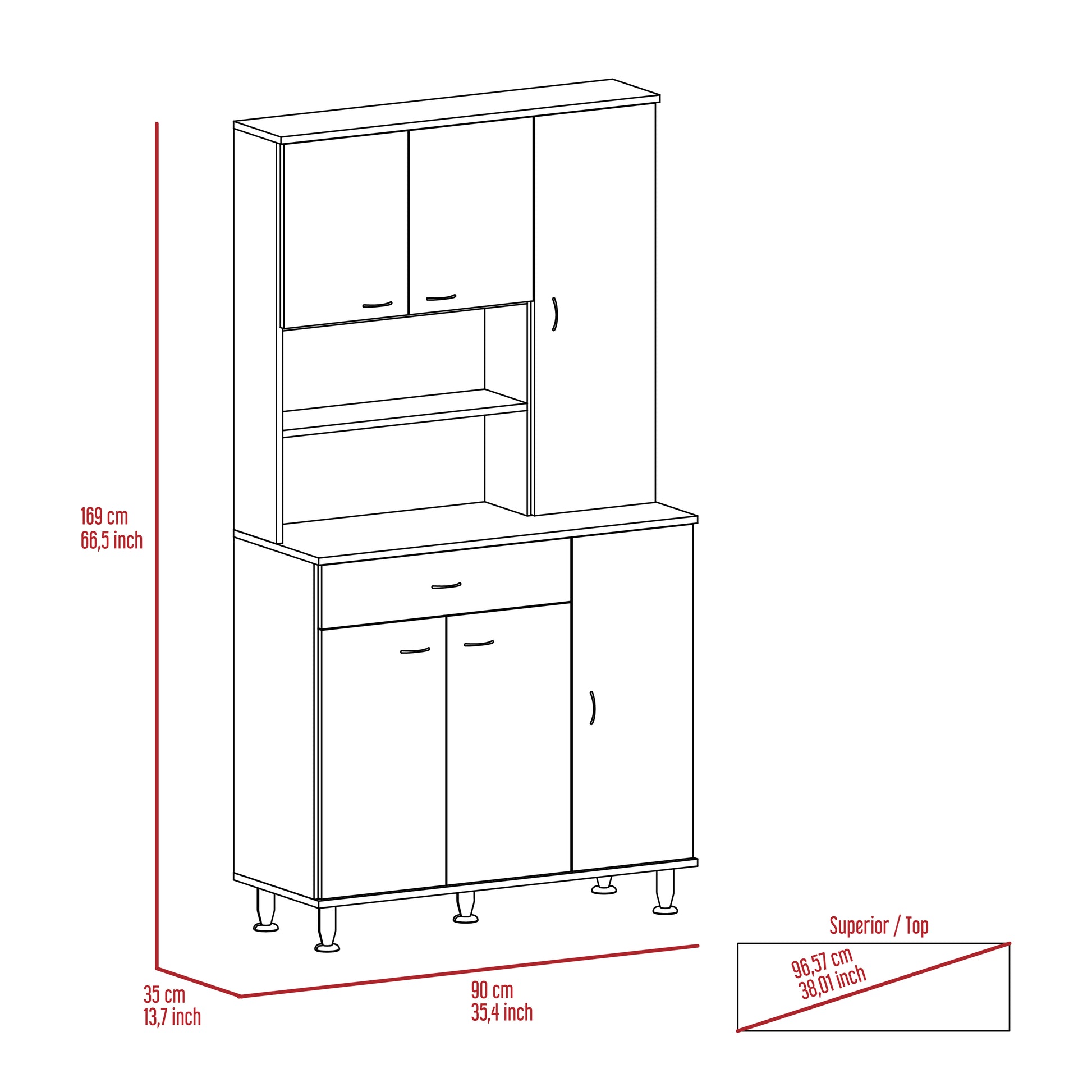 Kitchen Pantry Cabinet, Two Open Shelves, One Drawer, Multiple Cabinets, Black Black Solid Wood Mdf Engineered Wood