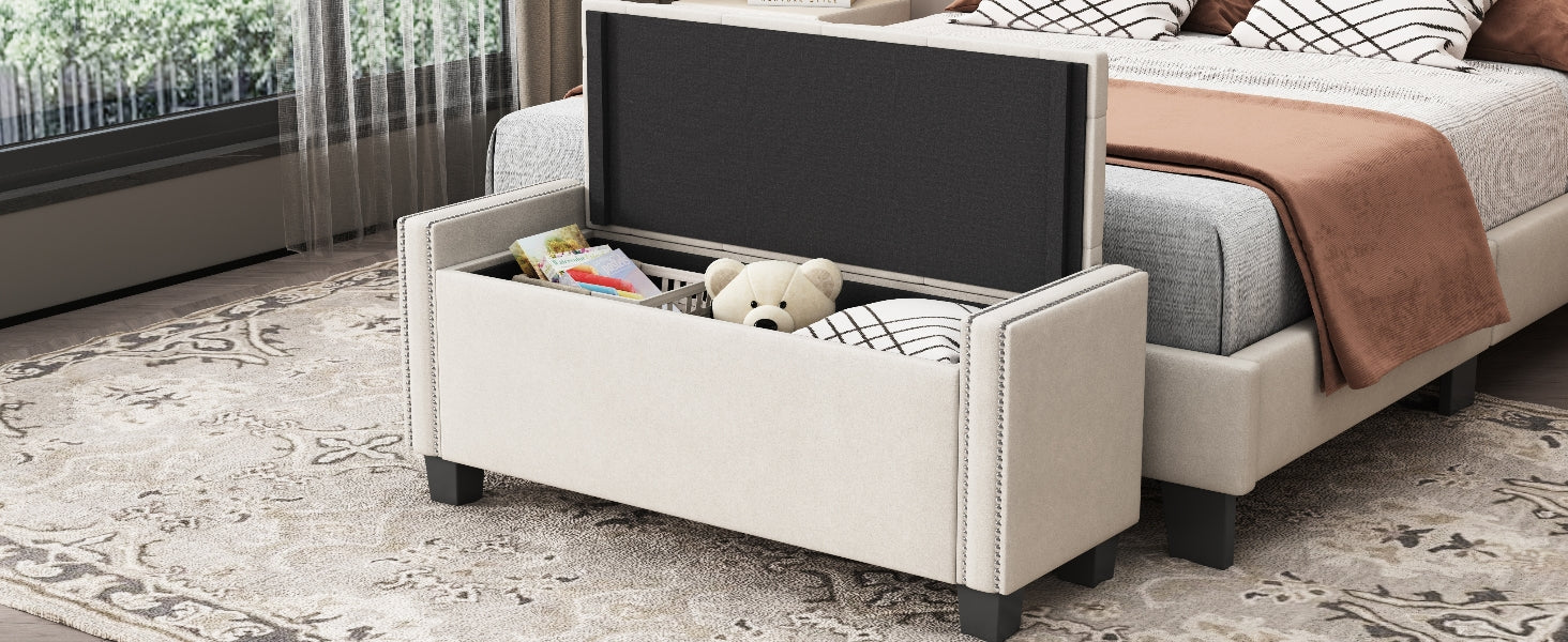 Upholstered Velvet Storage Ottoman Bench For Bedroom, End Of Bed Bench With Rivet Design, Tufted Foot Rest Stool,Beige Beige Beige Mdf