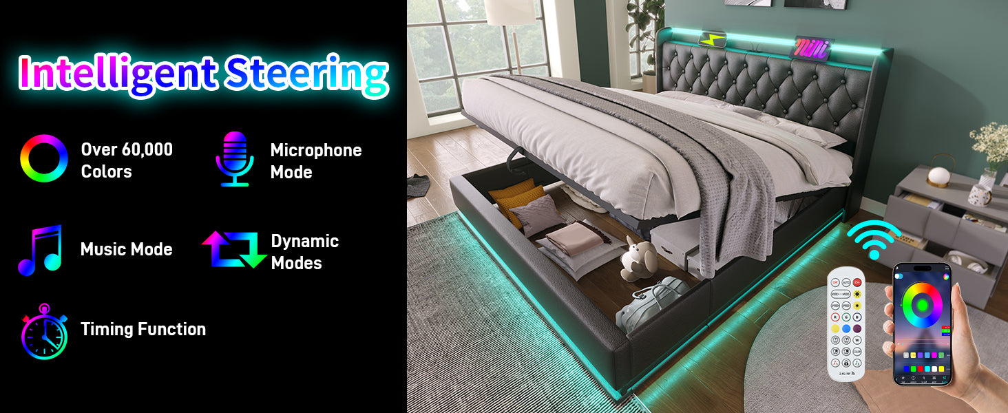 King Size Upholstered Bed, 360 Surround Led Function, Buttons Apps Remote Control, Hydraulic Storage Bed With Usb Type C Charging, Black, Pu Without Mattress King Black Pu